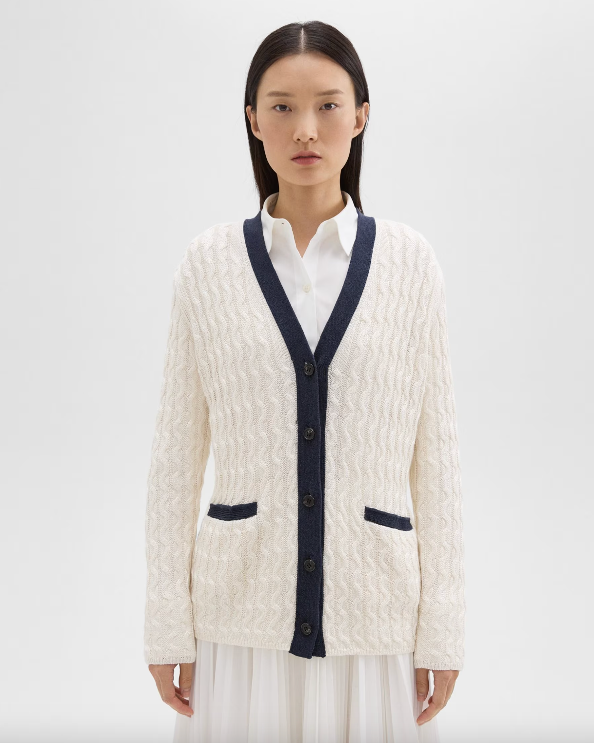 V-Neck Cardigan in Cable Knit Linen - Bone / Navy by Theory | 25 South Boutiques