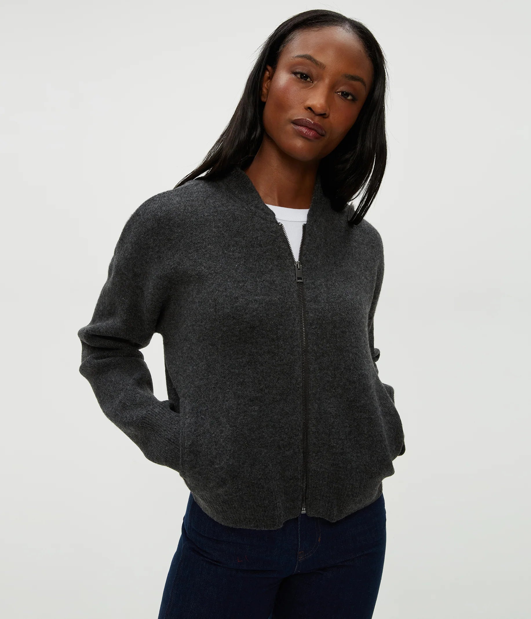 Lidia Cropped Bomber Jacket - Charcoal by Michael Stars — view 4