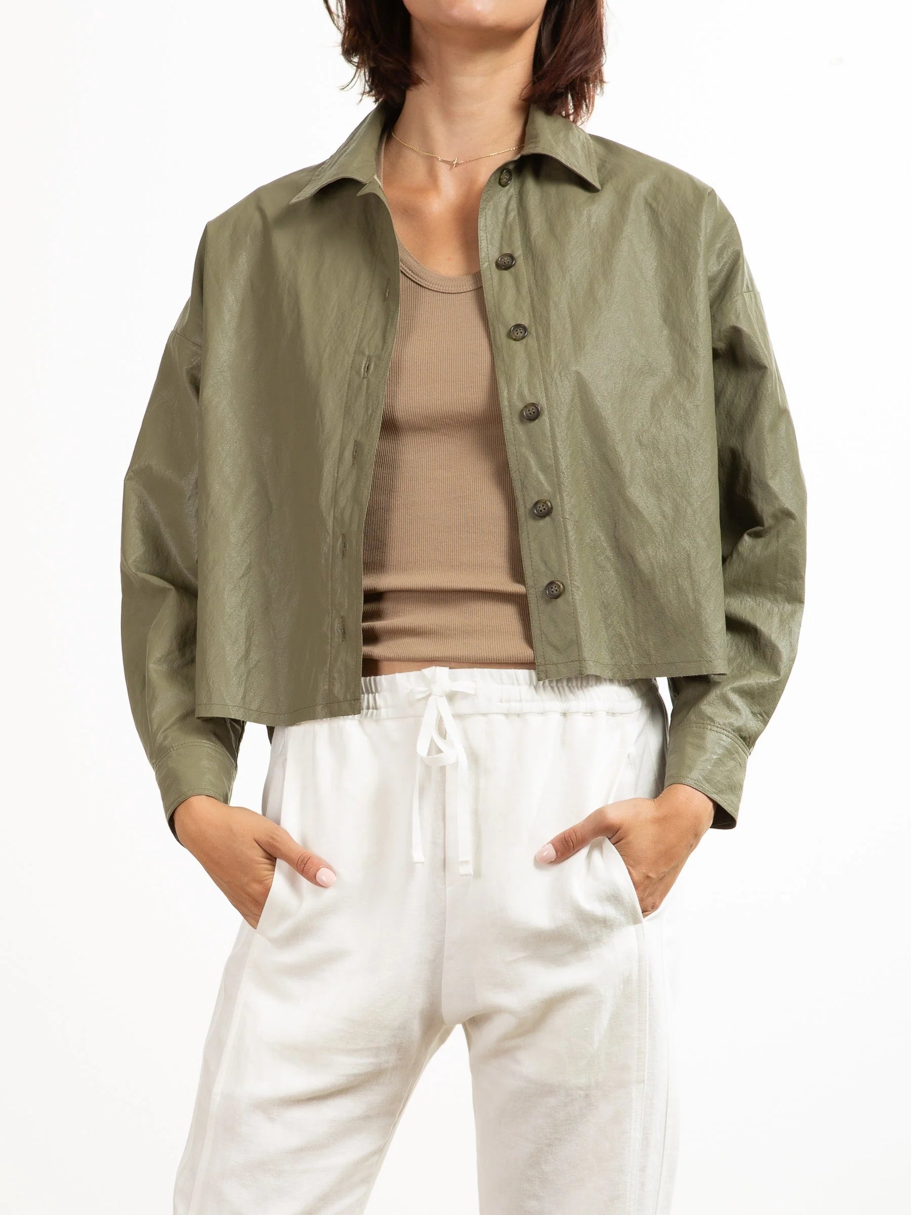 Esme Crop Faux Leather Shirt - Army by Pharaoh | 25 South Boutiques