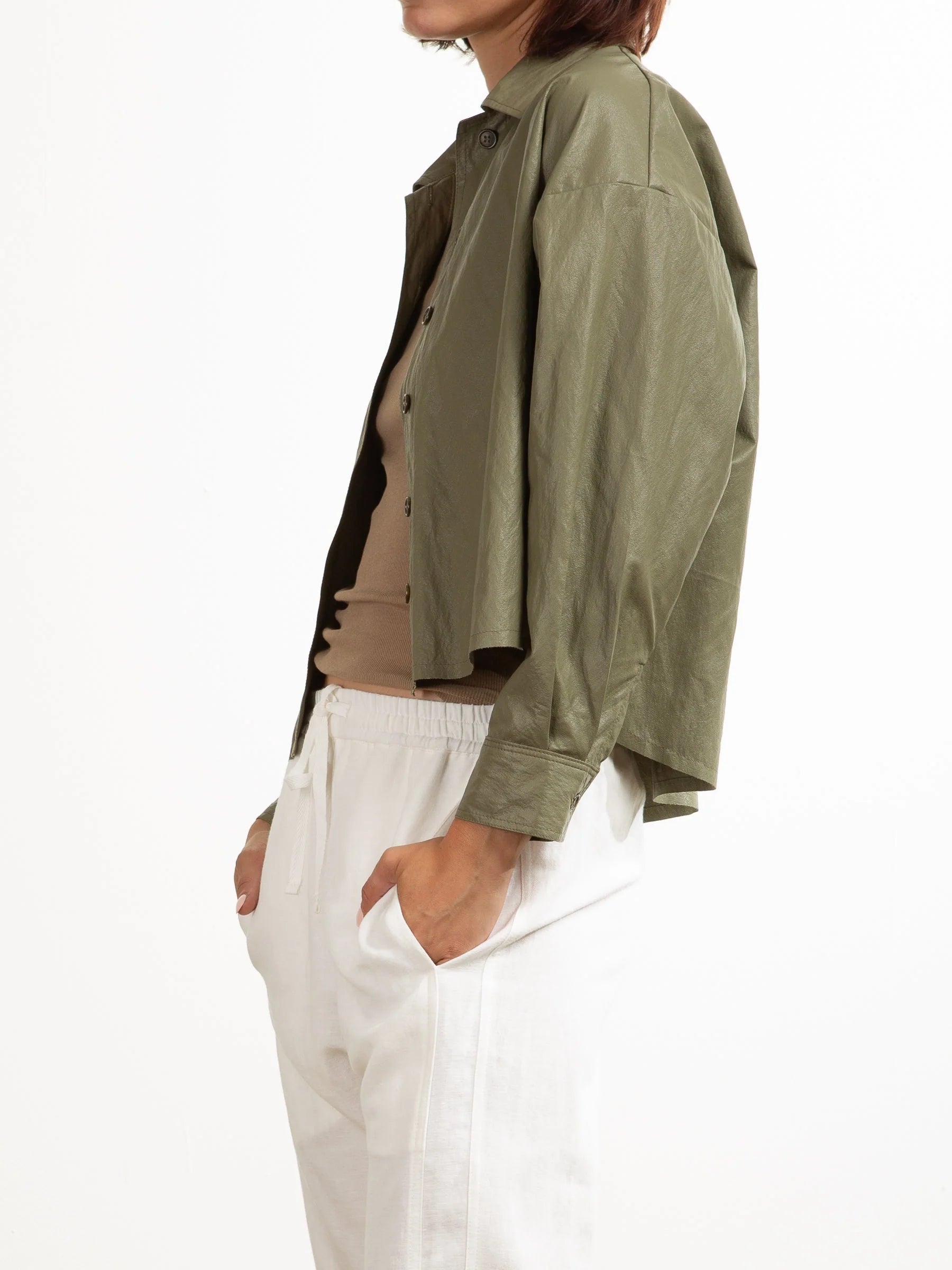Esme Crop Faux Leather Shirt - Army by Pharaoh — alternate view