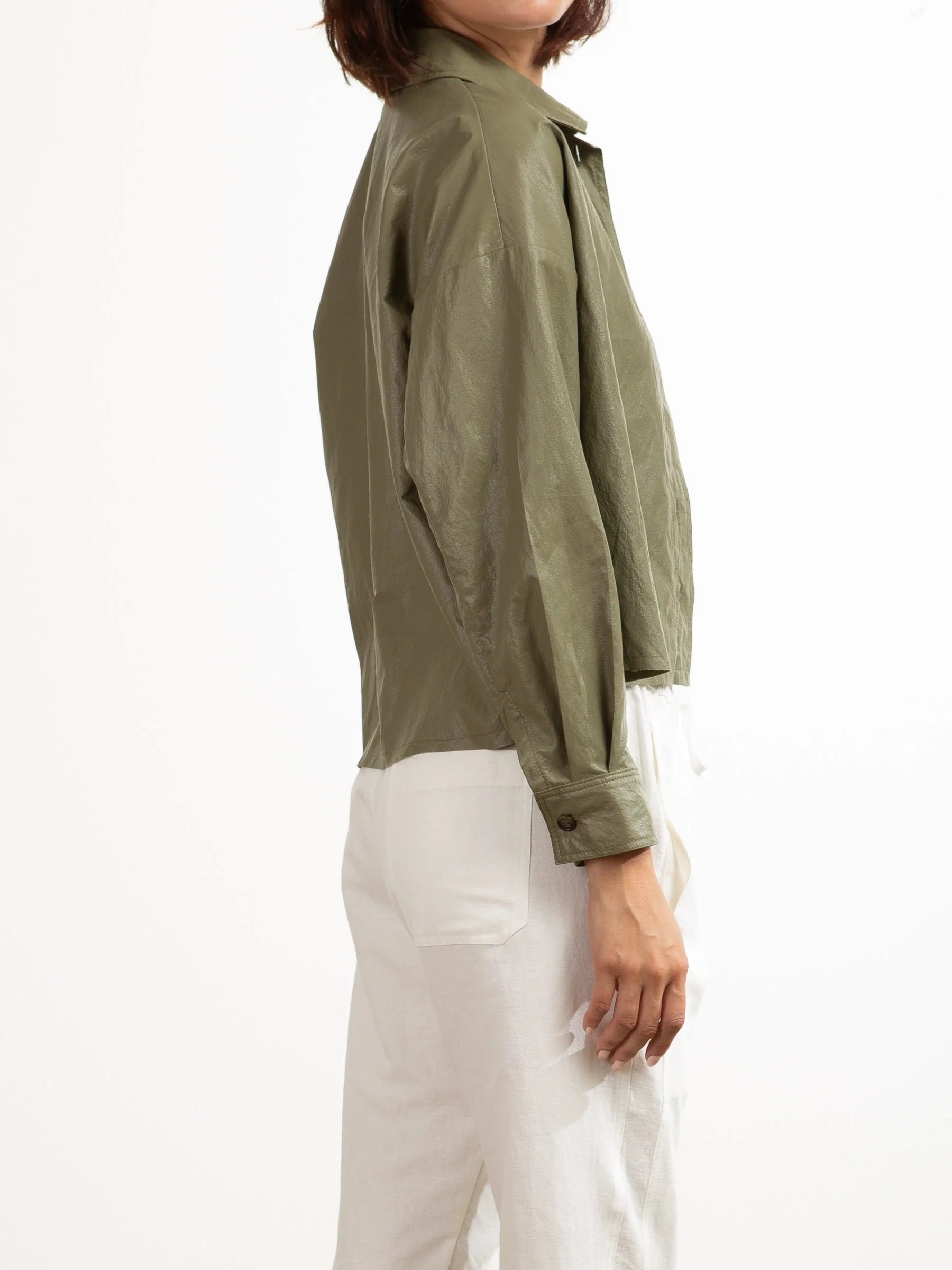 Esme Crop Faux Leather Shirt - Army by Pharaoh — view 3