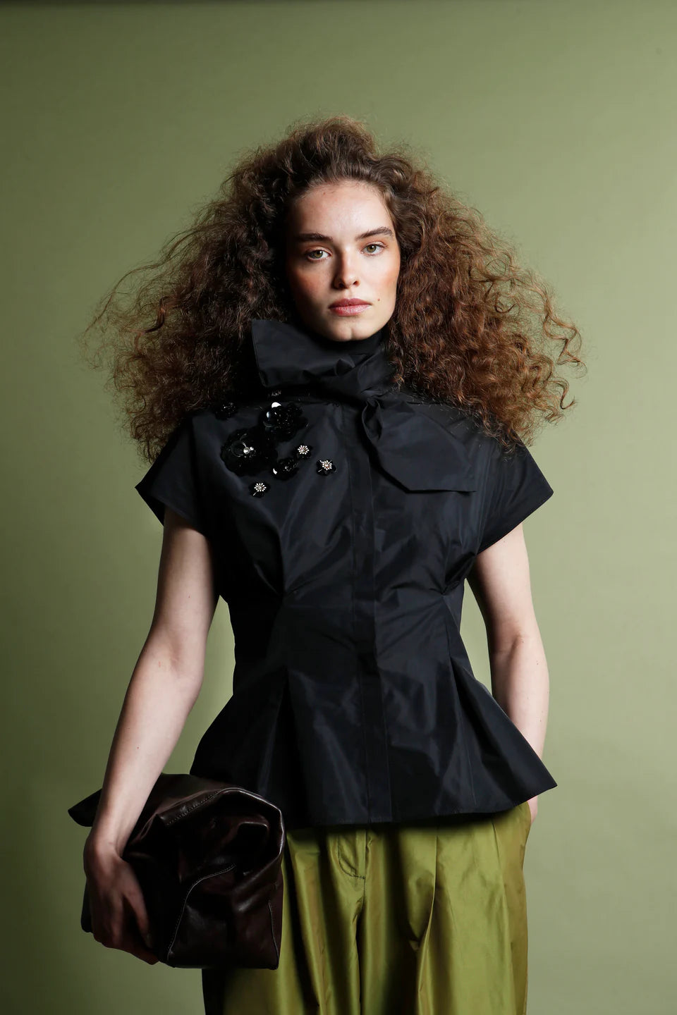 Ring Collar Sequin Floral Detail Cropped Shirt - Black by Psophia | 25 South Boutiques