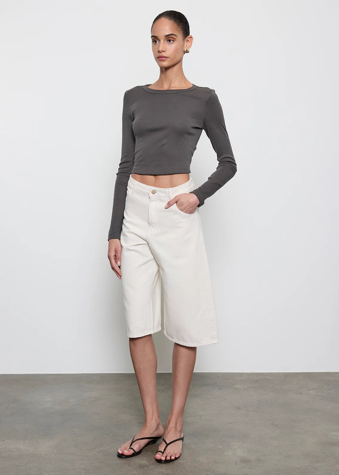 Supima Baby Rib L/S Cropped Top - Slate by Enza Costa — view 3