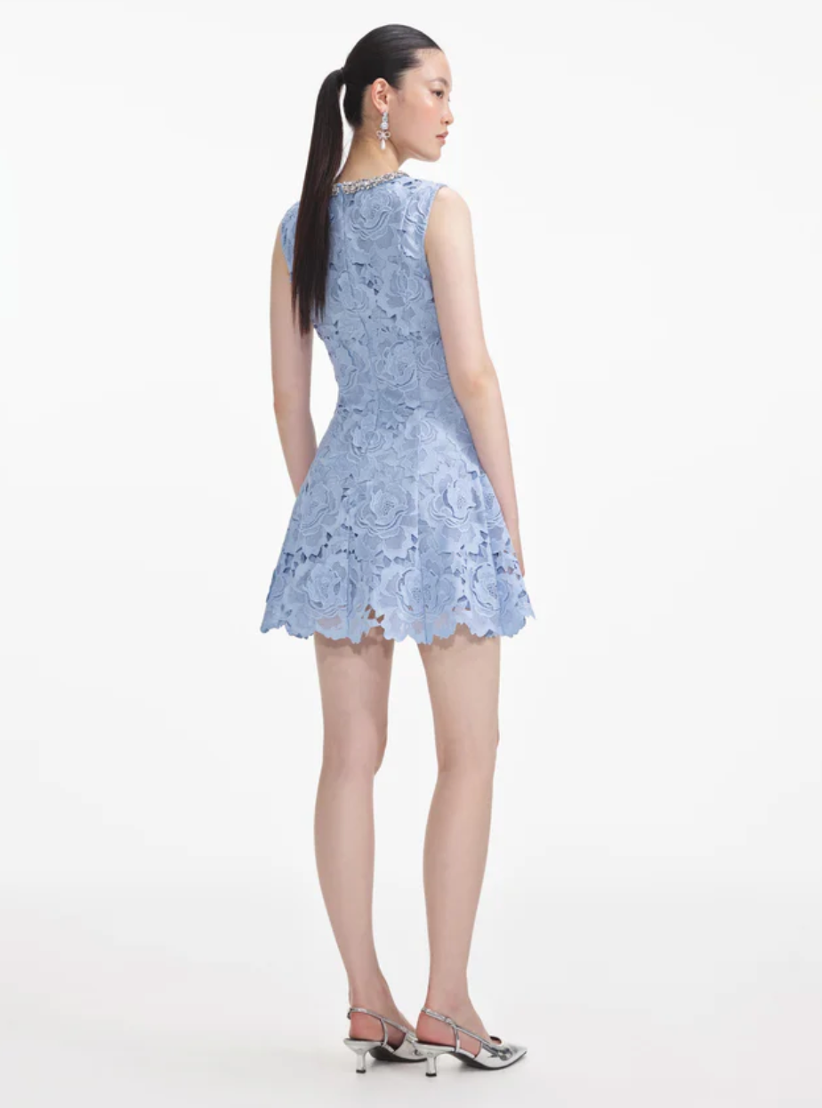 Flower Lace Mini Dress - Blue by Self-Portrait — view 4