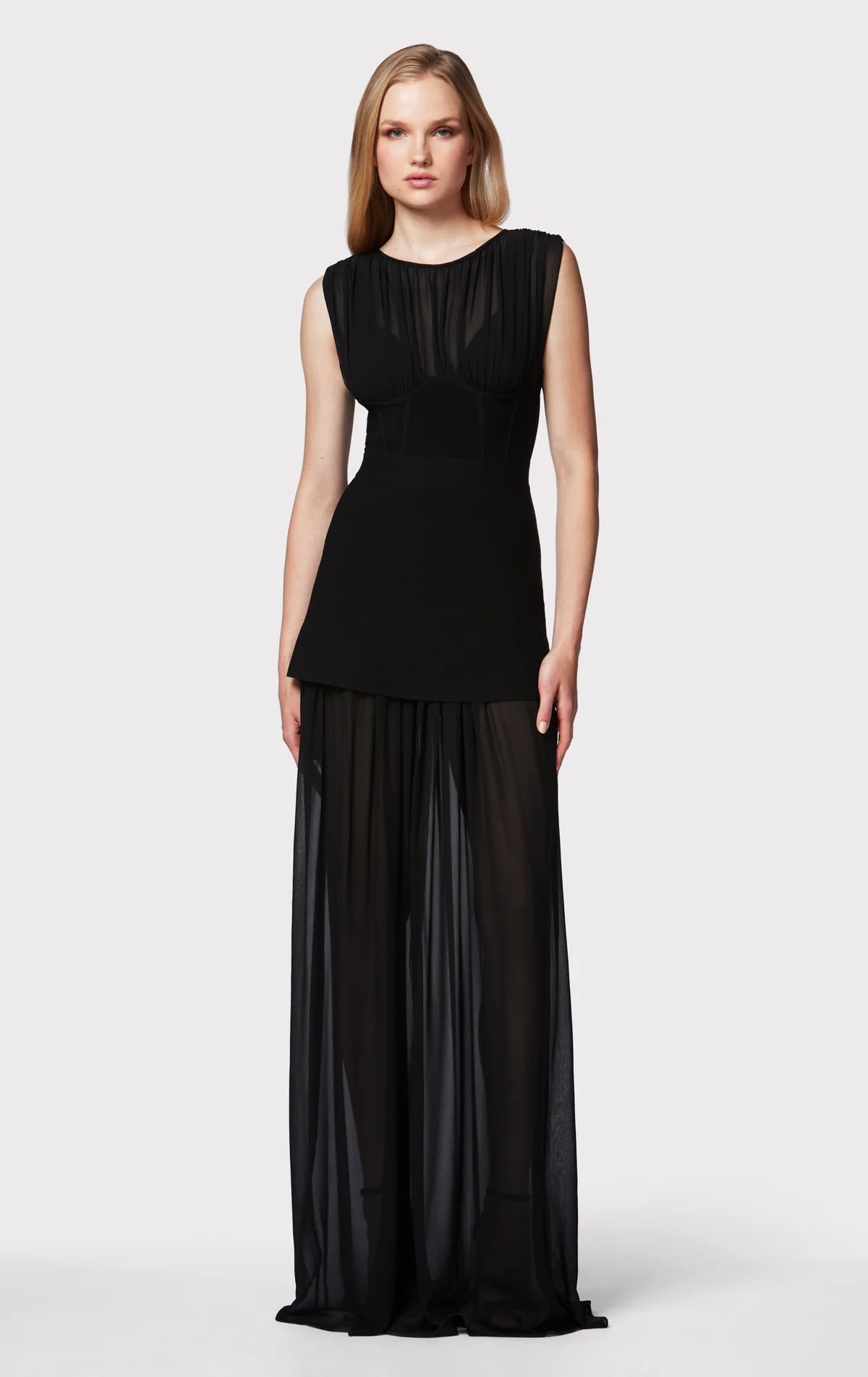 Milano Corset Silk Chiffon Ruched Gown - Black by Herve Leger | 25 South Boutiques