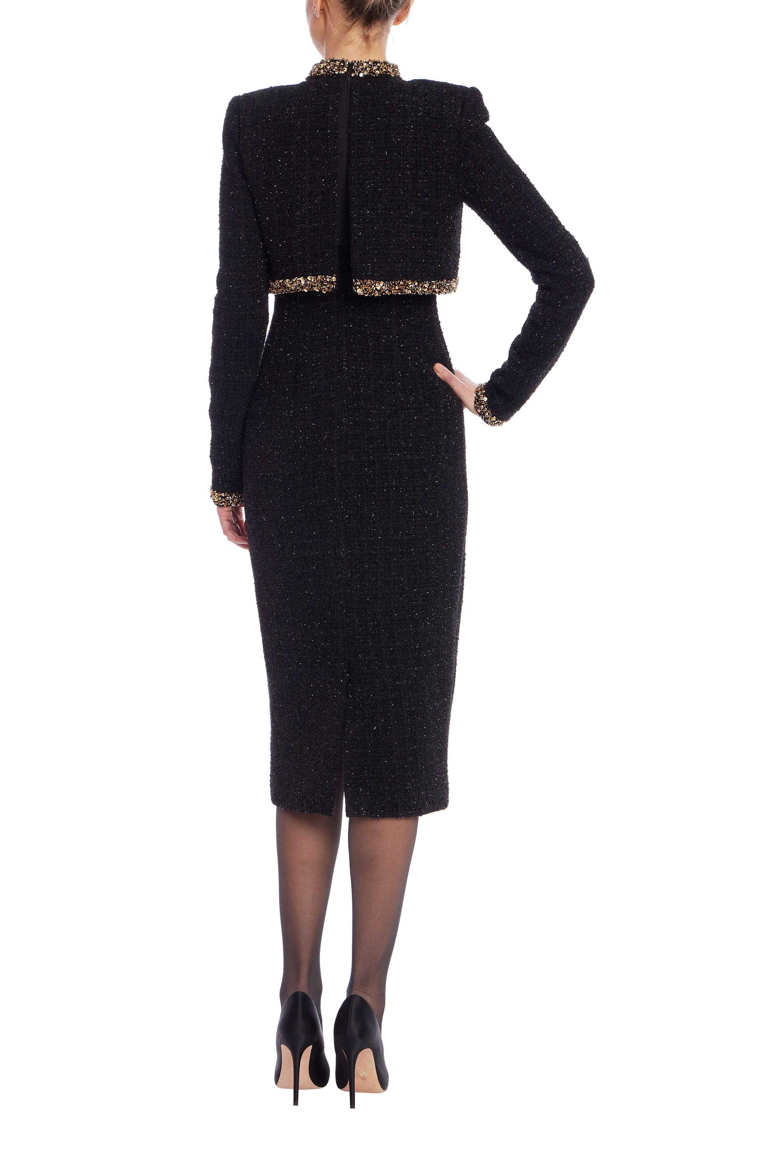 Tweed Sheath Dress with Embellished Popover - Black by Badgley Mischka — view 3