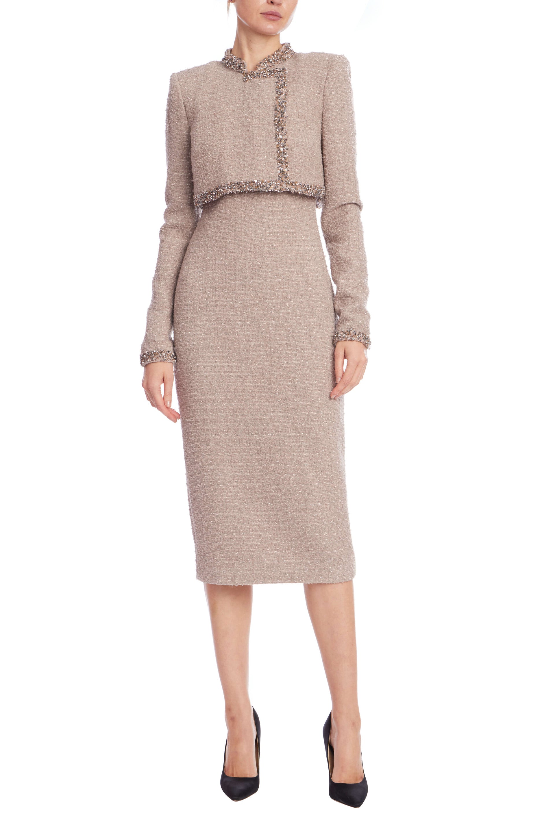 Tweed Sheath Dress with Embellished Popover - Latte by Badgley Mischka | 25 South Boutiques