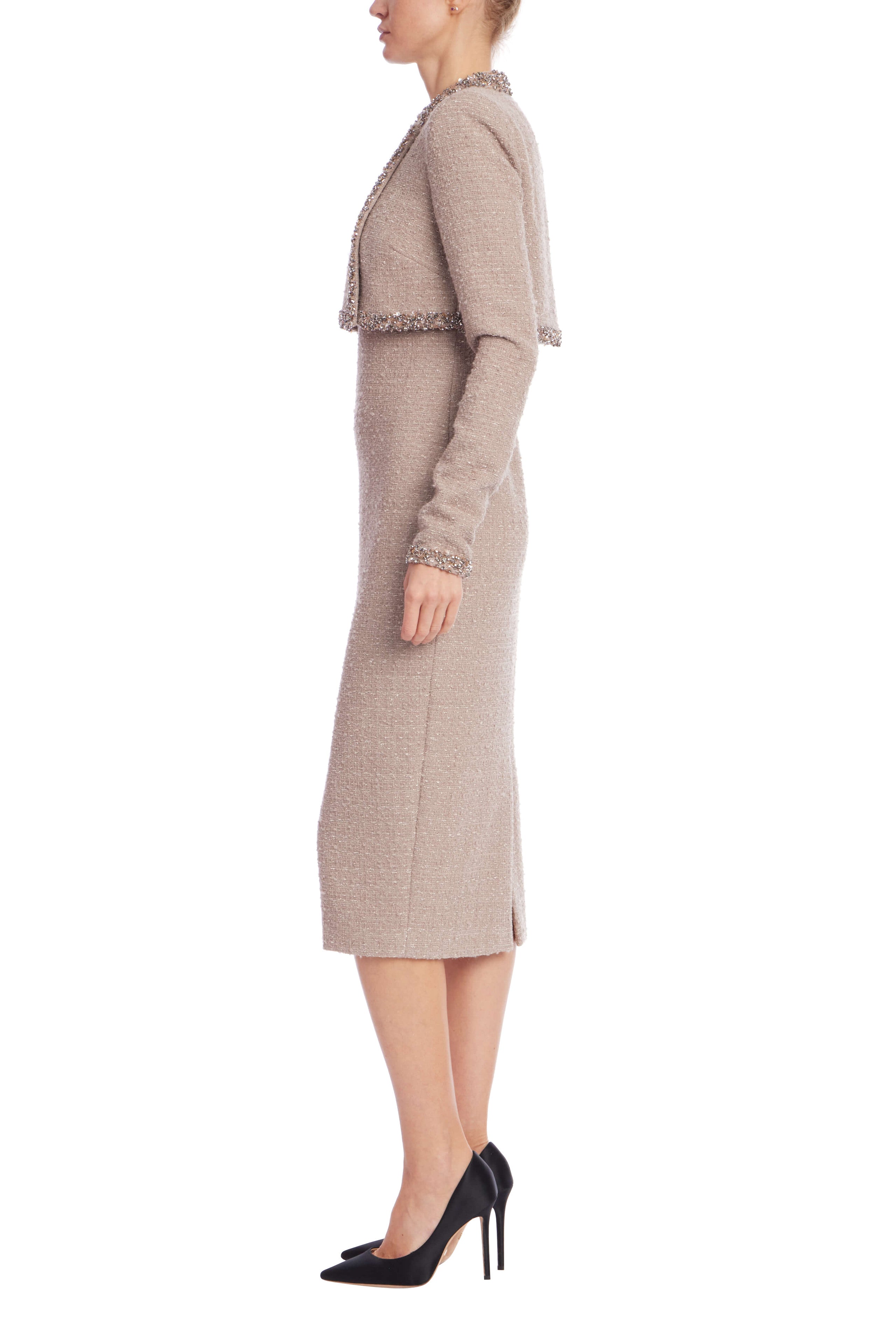 Tweed Sheath Dress with Embellished Popover - Latte by Badgley Mischka — alternate view