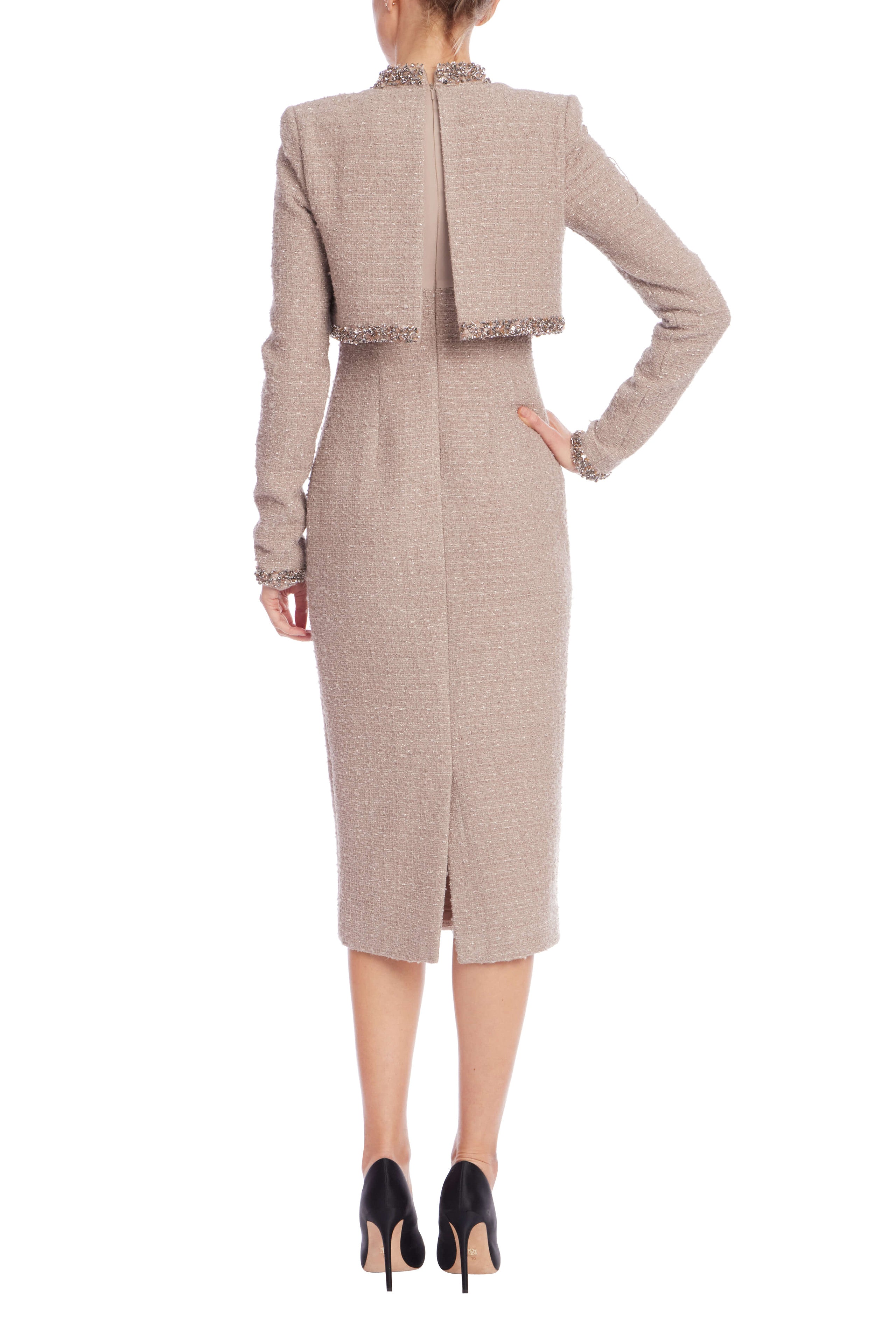 Tweed Sheath Dress with Embellished Popover - Latte by Badgley Mischka — view 3