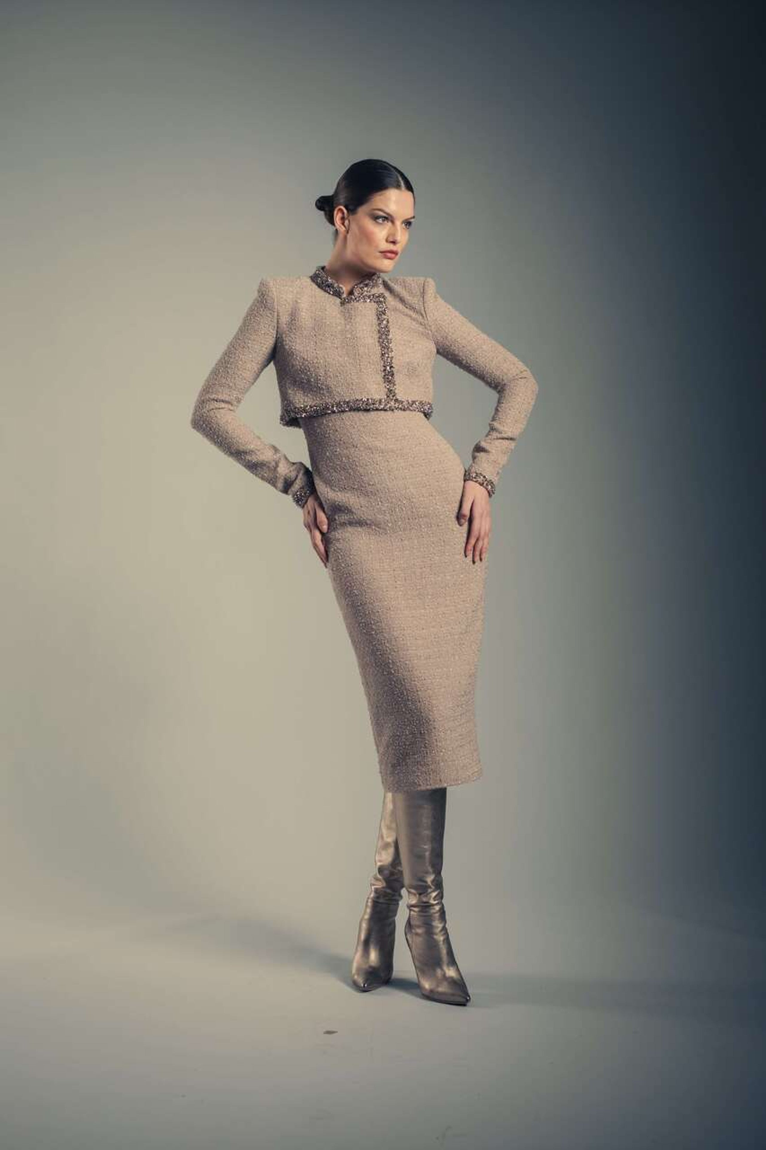 Tweed Sheath Dress with Embellished Popover - Latte by Badgley Mischka — view 4