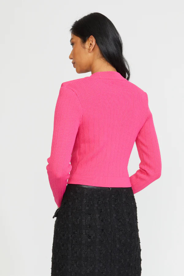 Fitted Shoulder Pad Cardigan - Fuschia Pink by Stellah — view 3