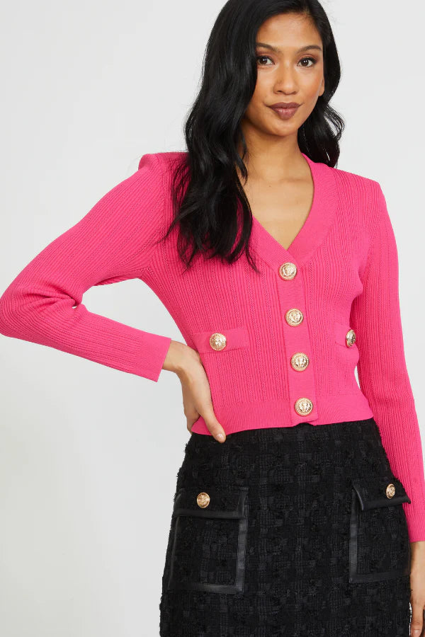 Fitted Shoulder Pad Cardigan - Fuschia Pink by Stellah — alternate view