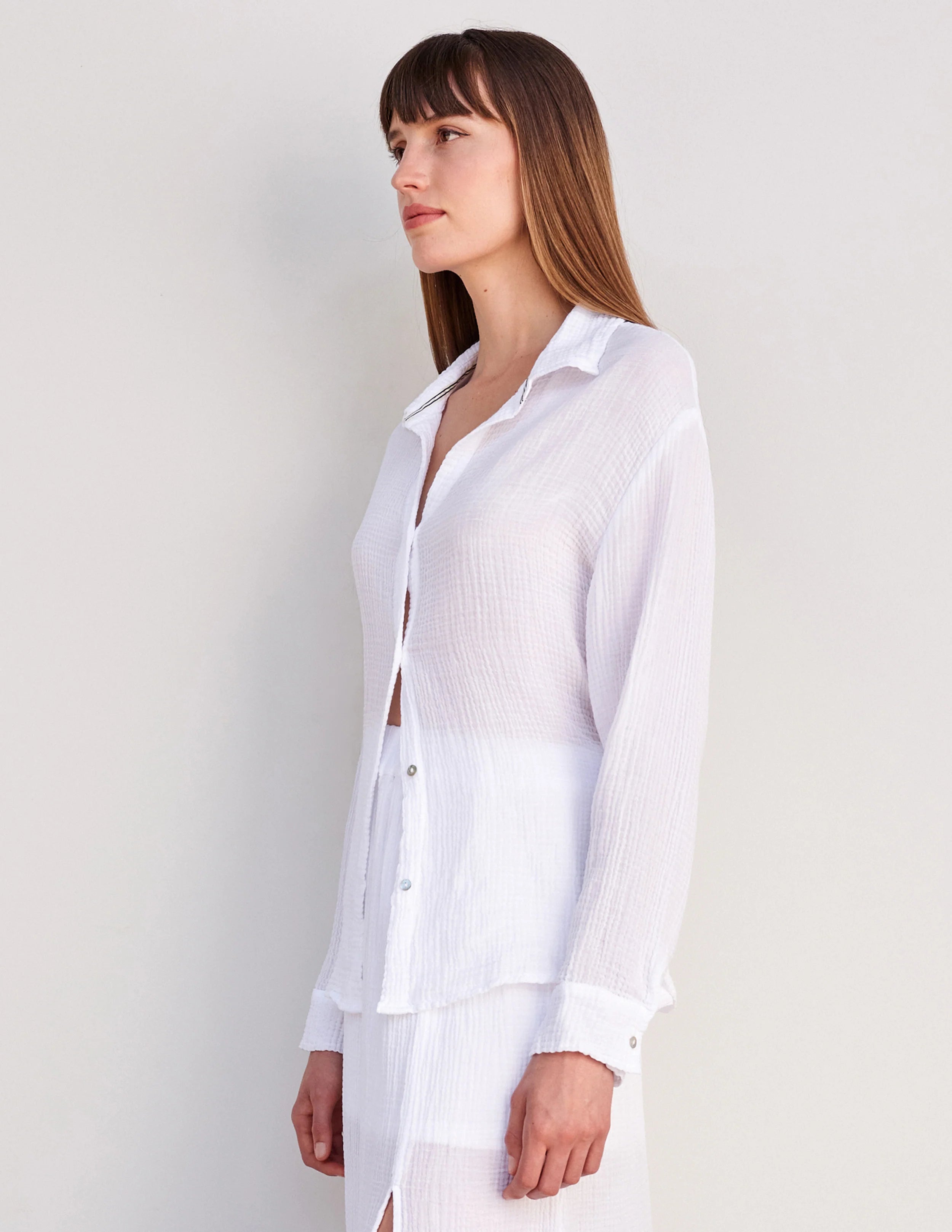 Long Sleeve Gauze Button Down - White by Sundry — alternate view