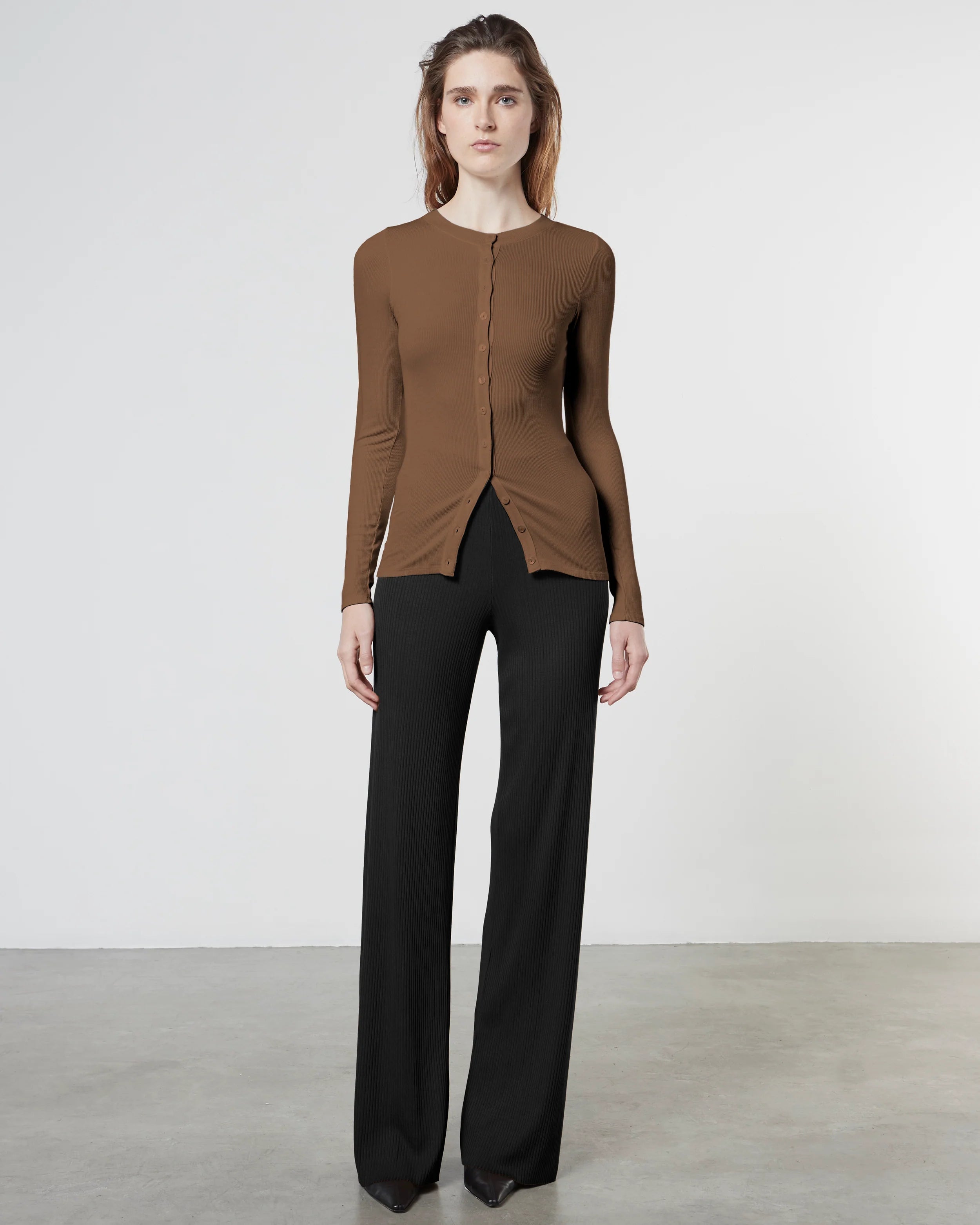 Silk Knit Fitted Cardigan - Dark Whole Grain by Enza Costa — view 4