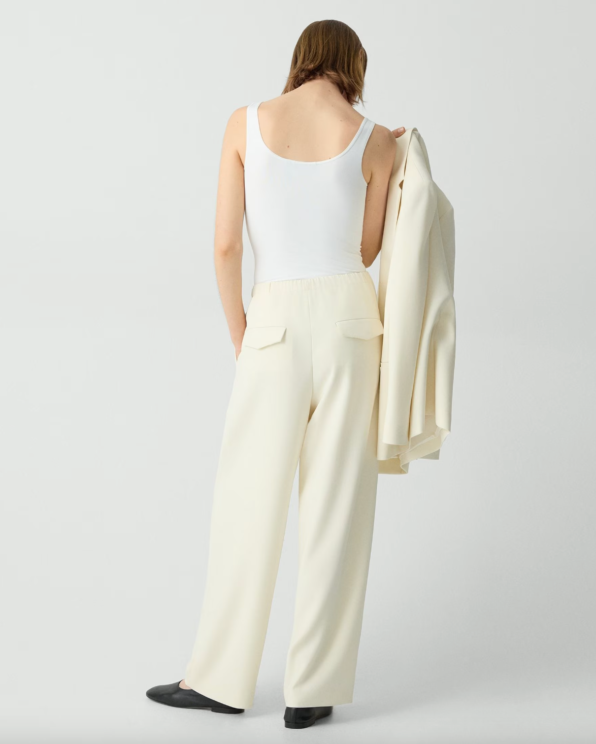 Pleated Pull-On Crepe Pant - Rice by Theory — view 4