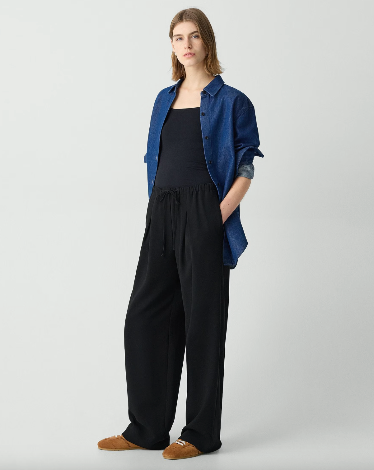 Pleated Pull-On Crepe Pant - Black by Theory — view 3