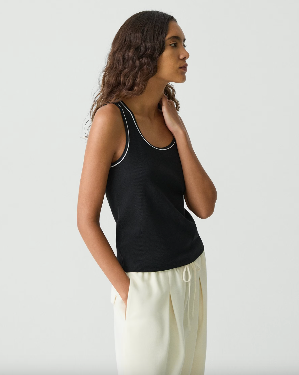 Scoop Neck Stretch Knit Tank Top - Black by Theory — alternate view