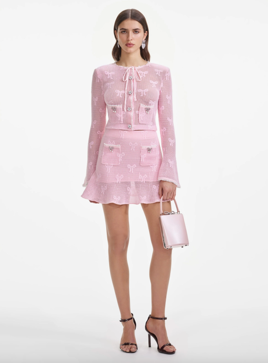 Bow Crochet Cardigan - Pink by Self-Portrait — view 3