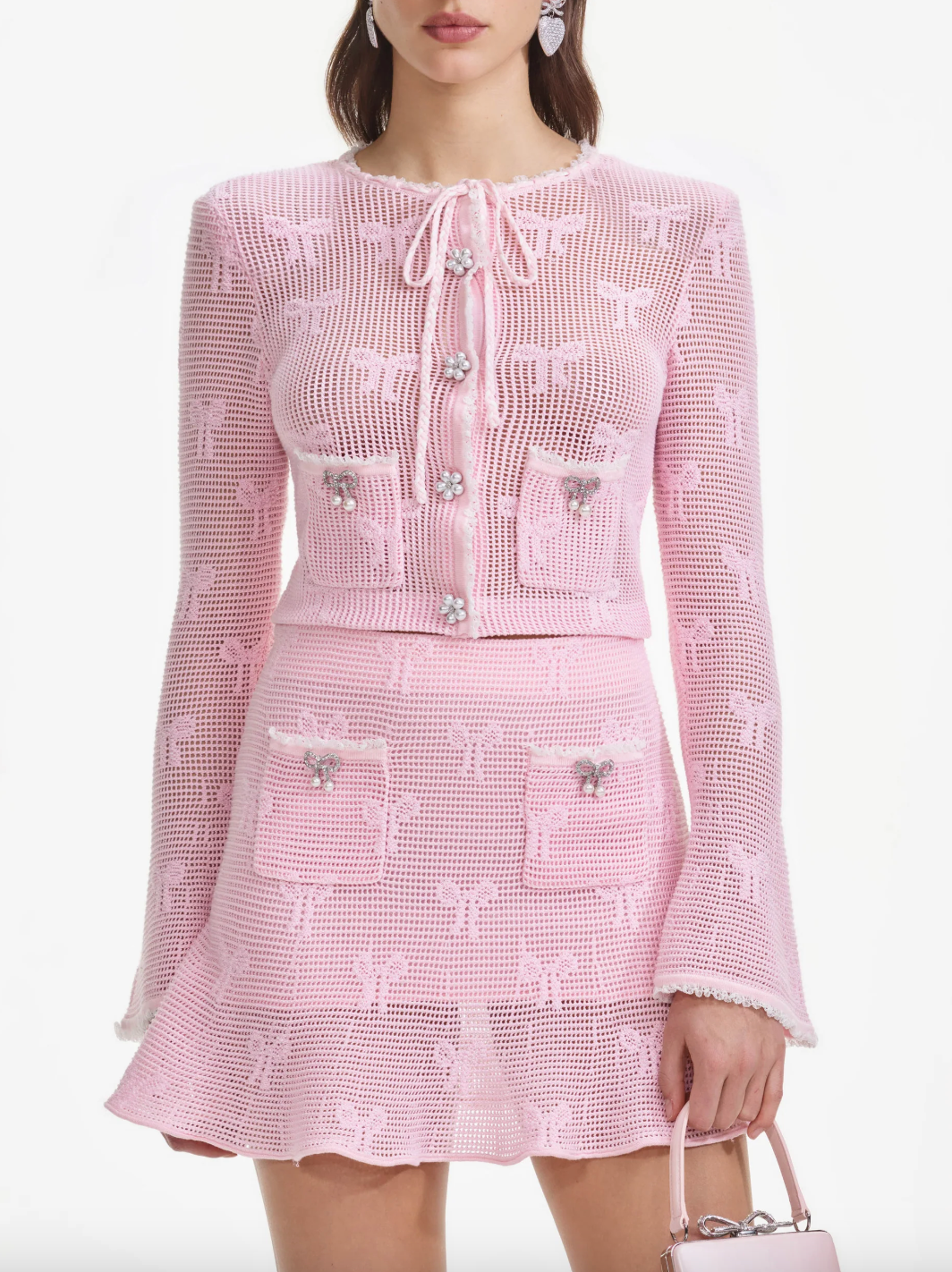 Bow Crochet Mini Skirt - Pink by Self-Portrait — view 4