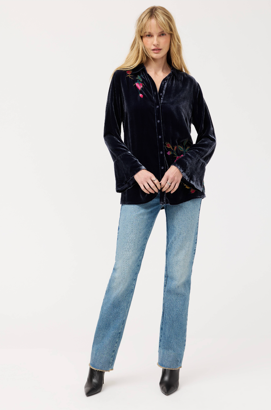 Flounce Sleeve Velvet Top - Sapphire Blue by Johnny Was — view 3