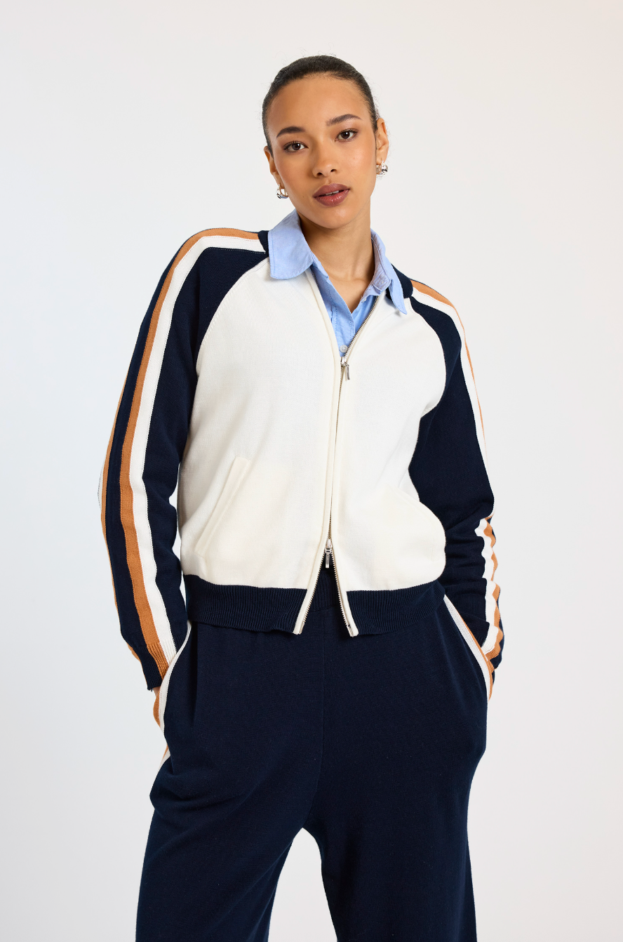 Valerie Stripe Bomber - Ivory Camel Navy by Brodie Cashmere | 25 South Boutiques