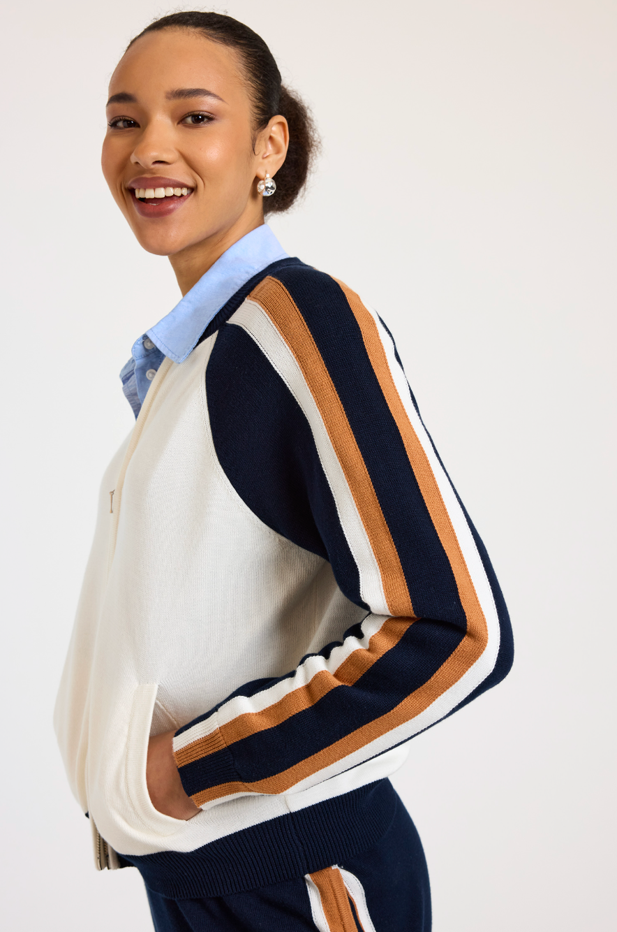 Valerie Stripe Bomber - Ivory Camel Navy by Brodie Cashmere — alternate view