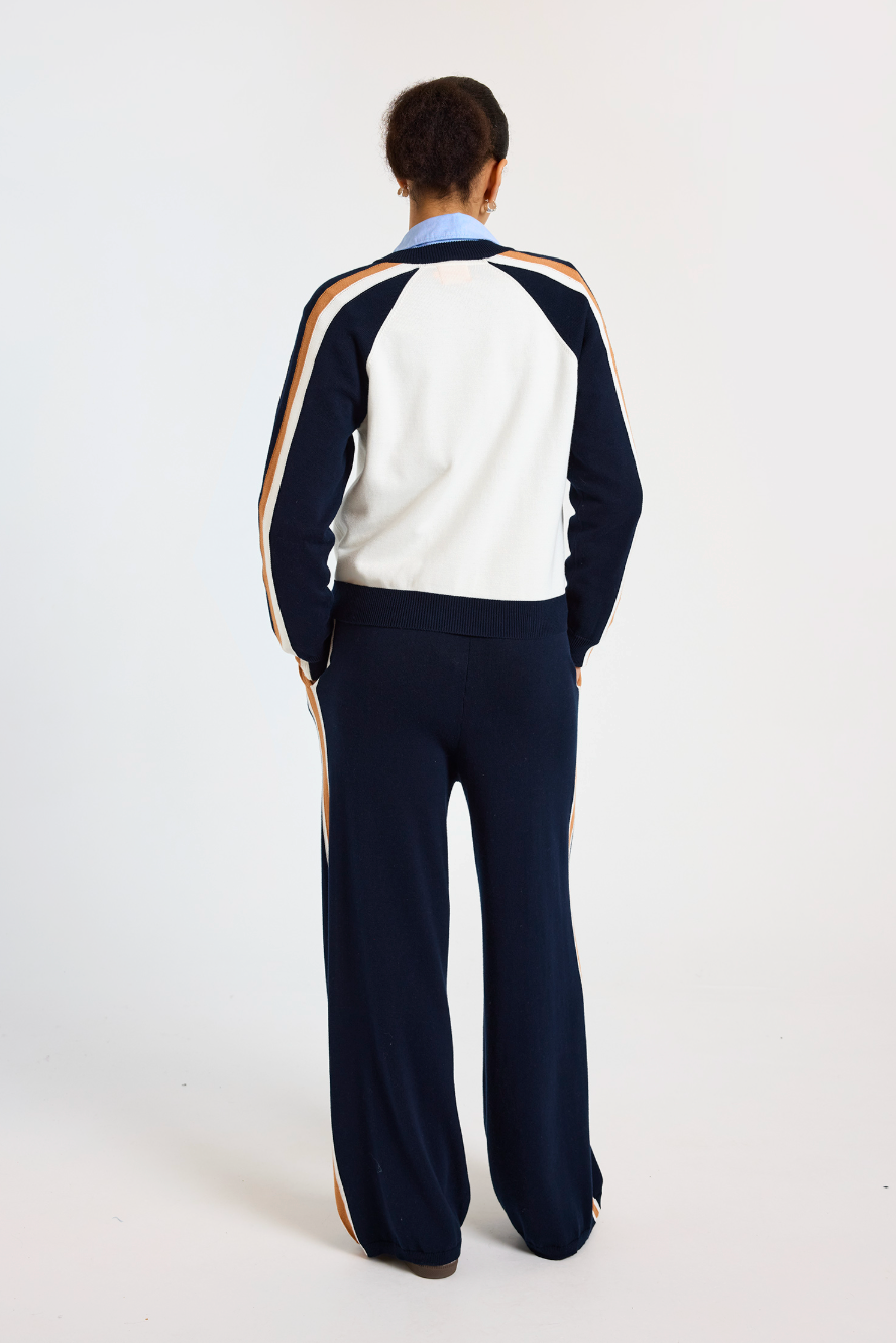 Valerie Stripe Wide Leg Pant - Navy Camel Ivory by Brodie Cashmere — view 3