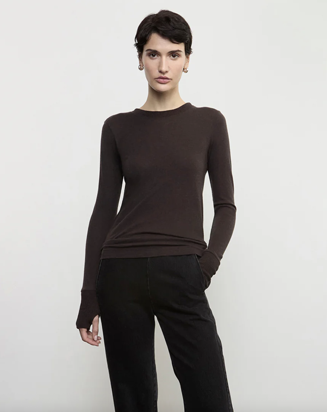 Cashmere Easy Cuffed Crew - Dark Brown by Enza Costa | 25 South Boutiques