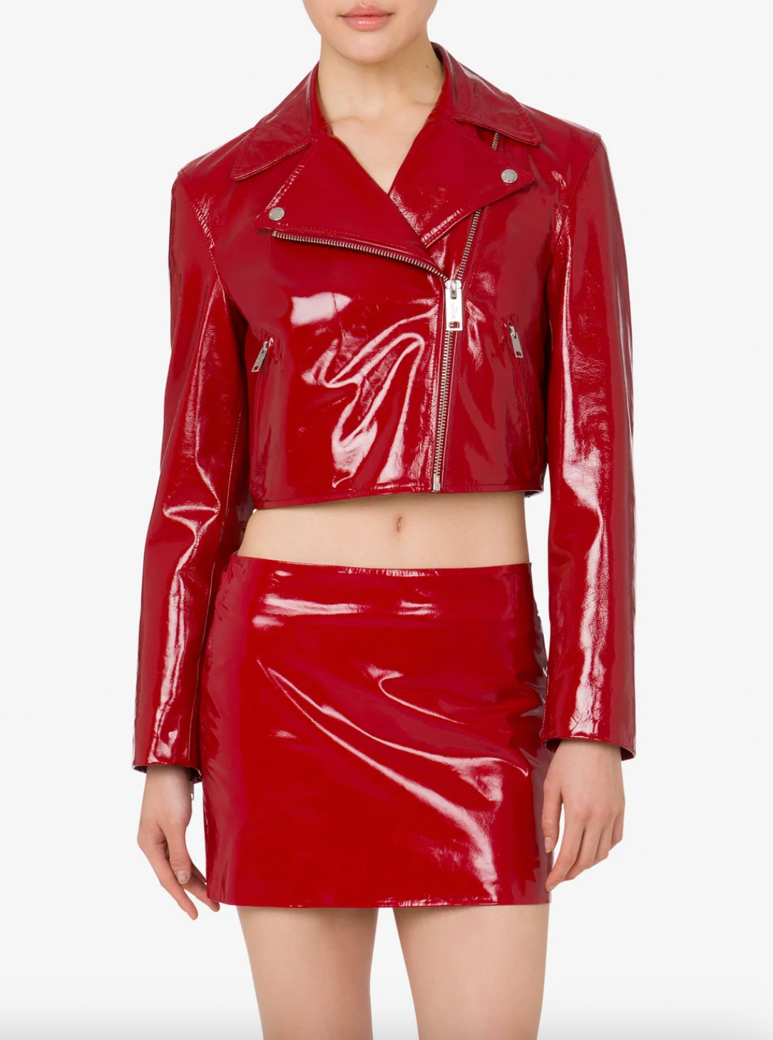 Patent Leather Biker Crop Jacket - Red by Moschino | 25 South Boutiques