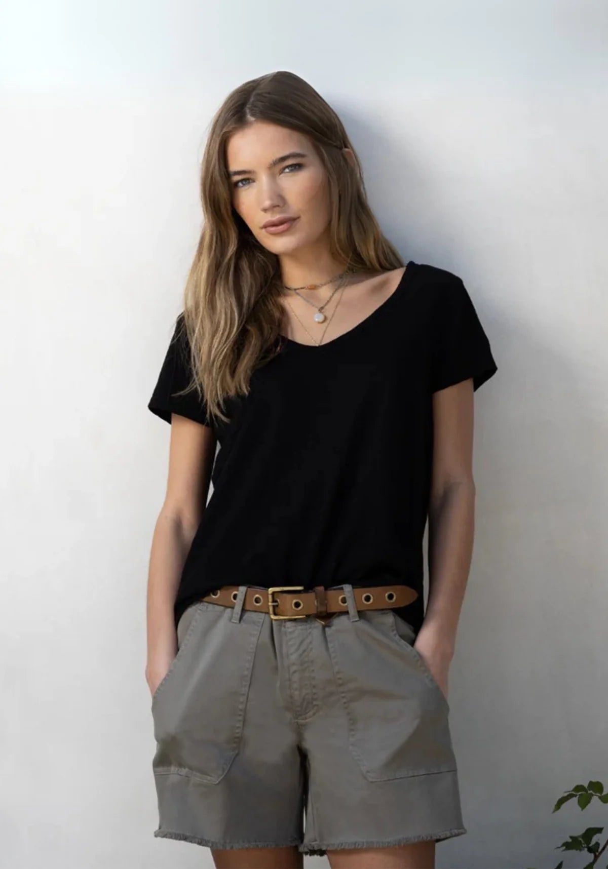 Short Sleeve Deep V Tee - Black by Dylan — alternate view
