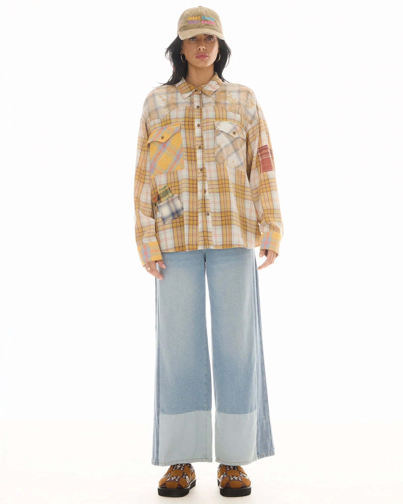 Patched Up Flannel Western Shirt - Yellow by The Tales — view 3