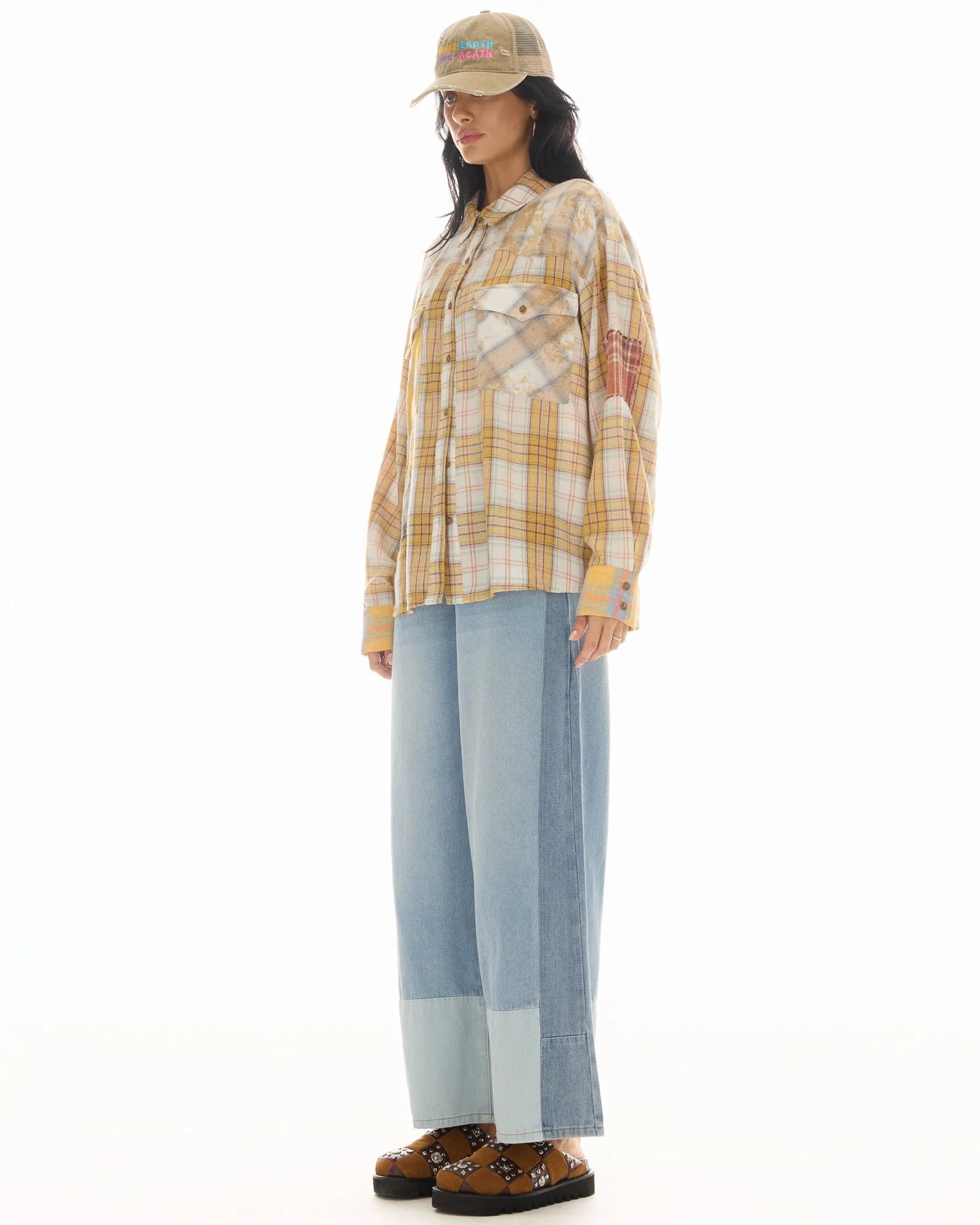 Patched Up Flannel Western Shirt - Yellow by The Tales — view 4