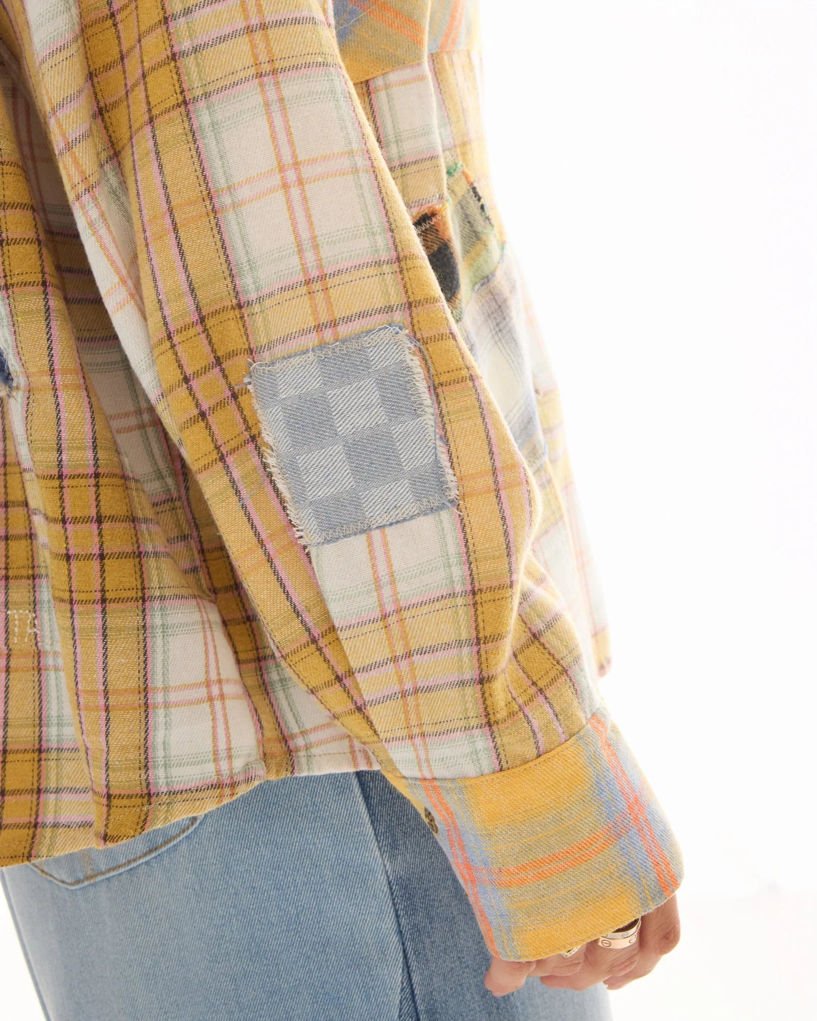 Patched Up Flannel Western Shirt - Yellow by The Tales — view 6