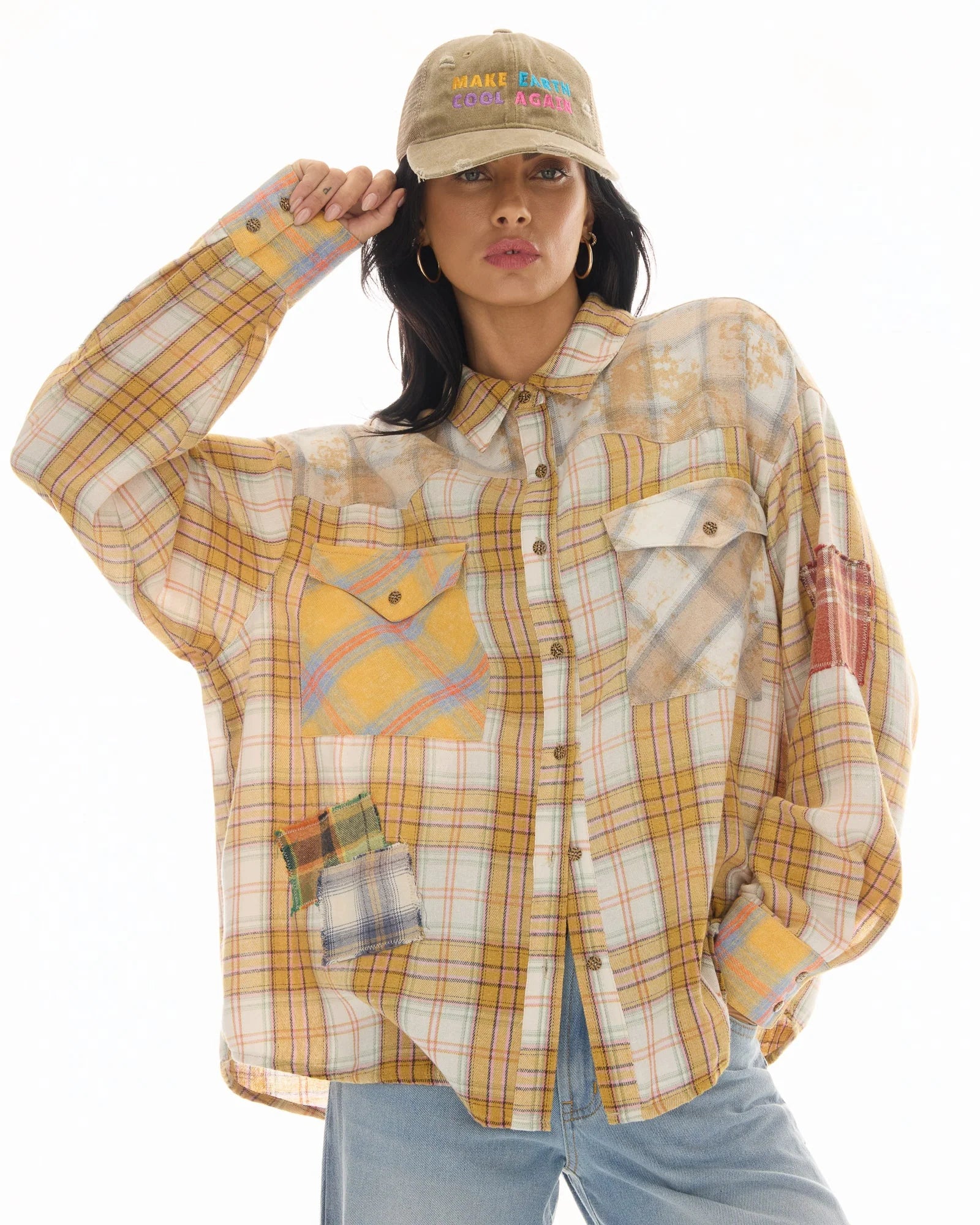 Patched Up Flannel Western Shirt - Yellow by The Tales — view 7