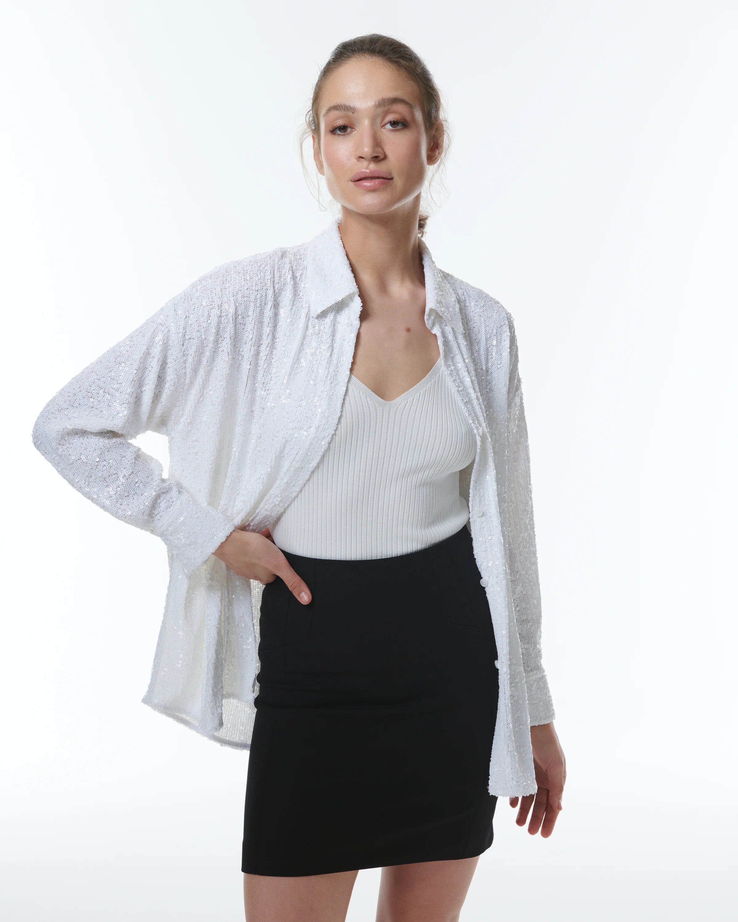 Styx Sequin Boyshirt - White by Theo The Label | 25 South Boutiques