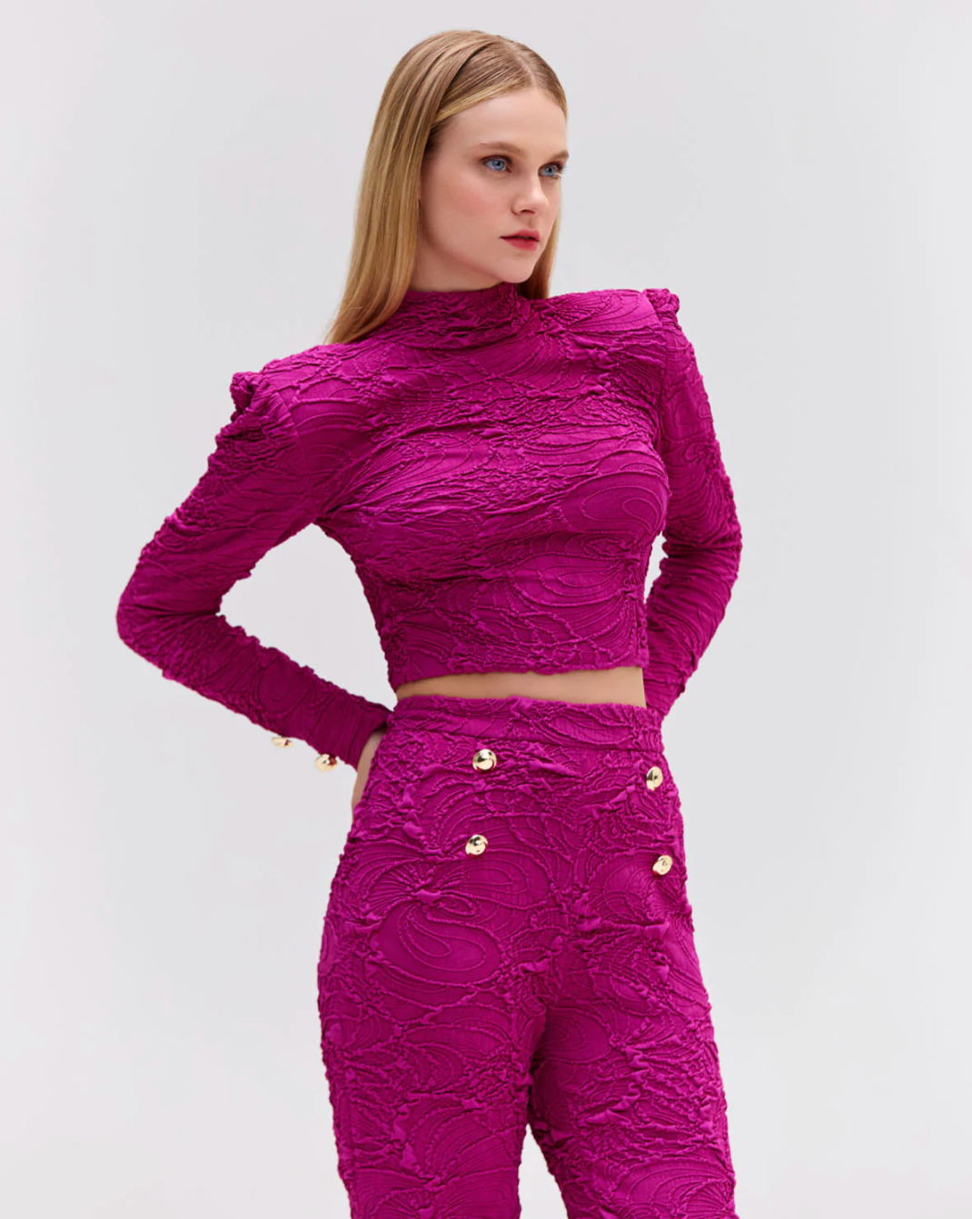 Jacquard Mock Neck Cropped Top - Raspberry by PatBo | 25 South Boutiques