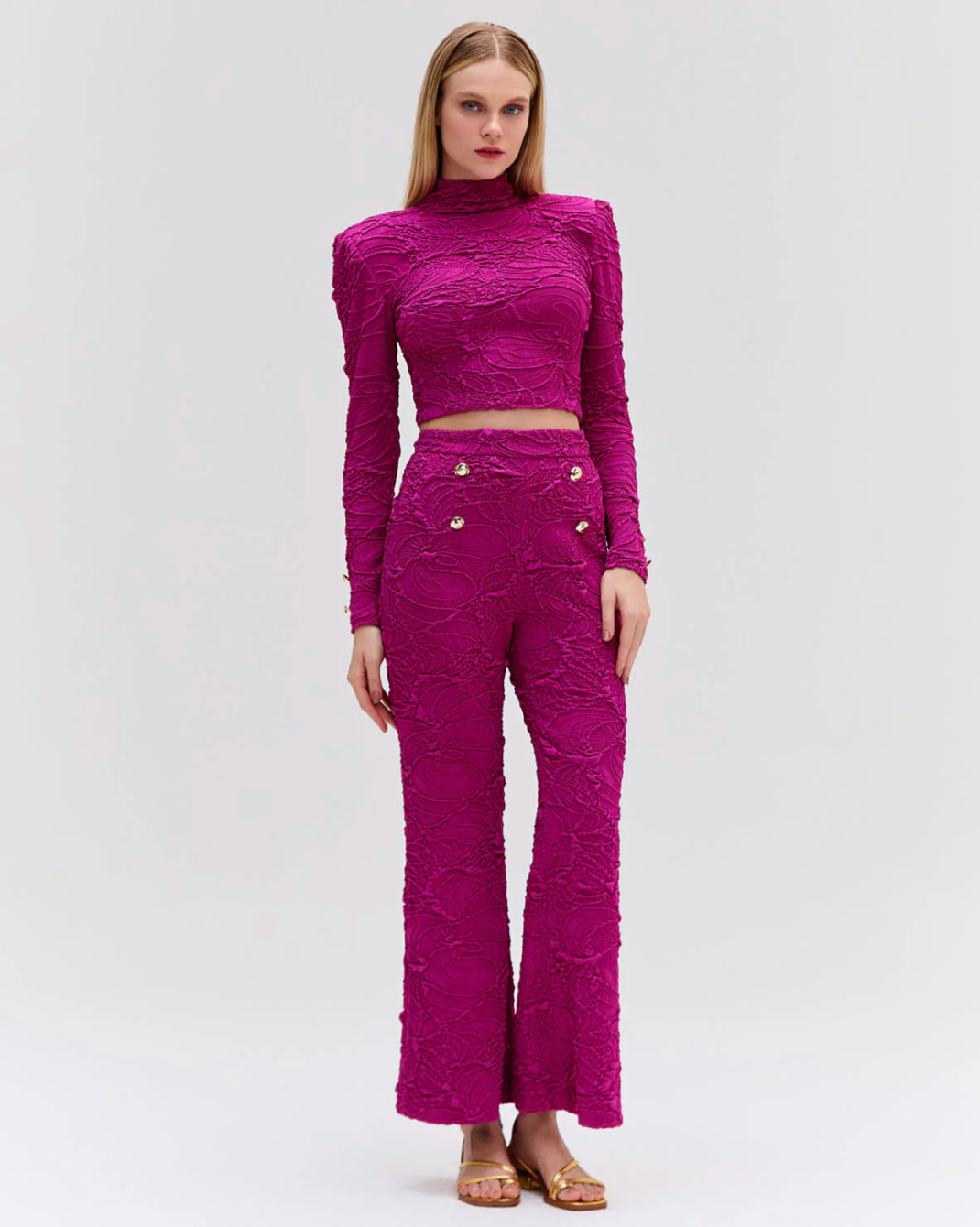 Jacquard Mock Neck Cropped Top - Raspberry by PatBo — alternate view