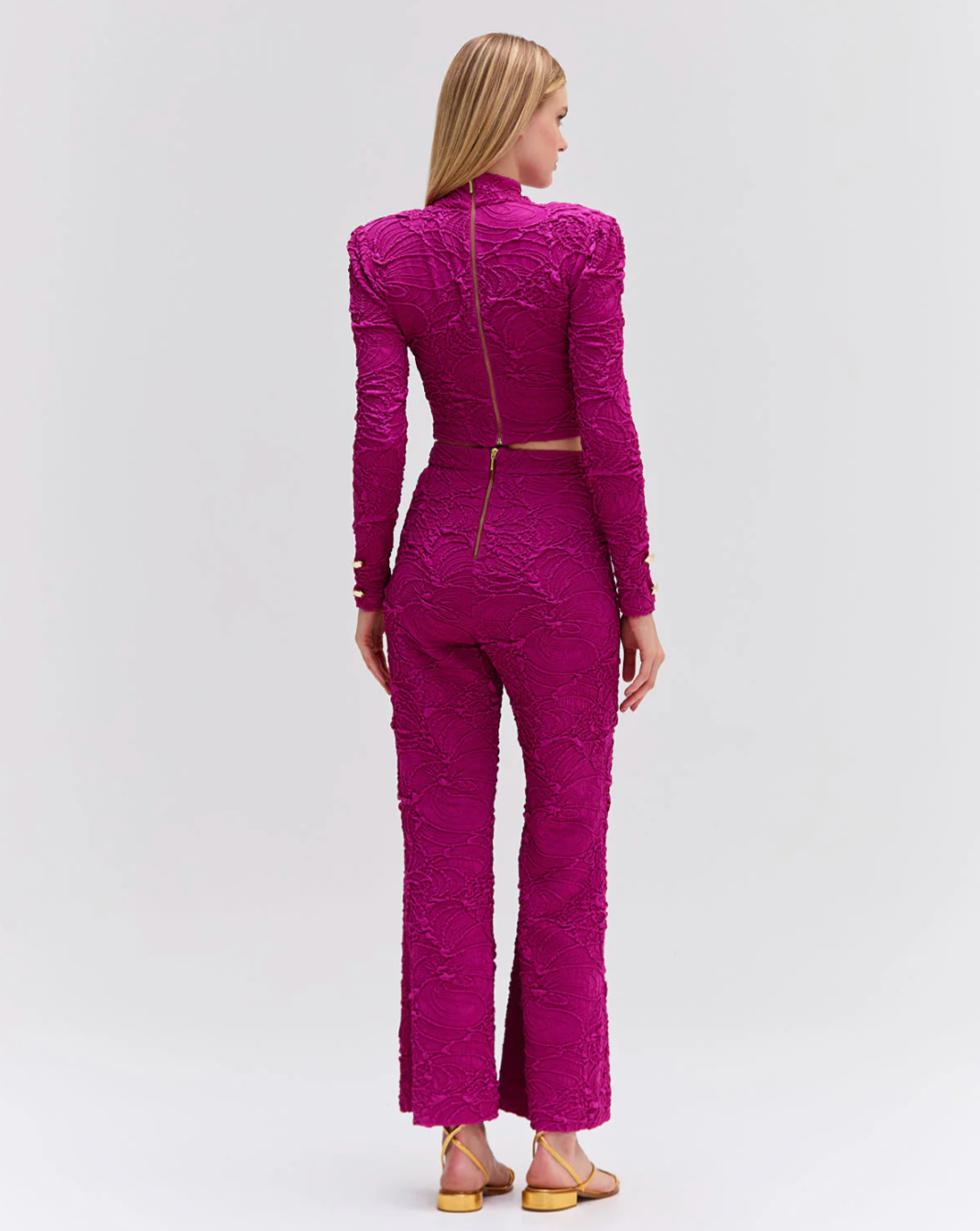 Jacquard Mock Neck Cropped Top - Raspberry by PatBo — view 3