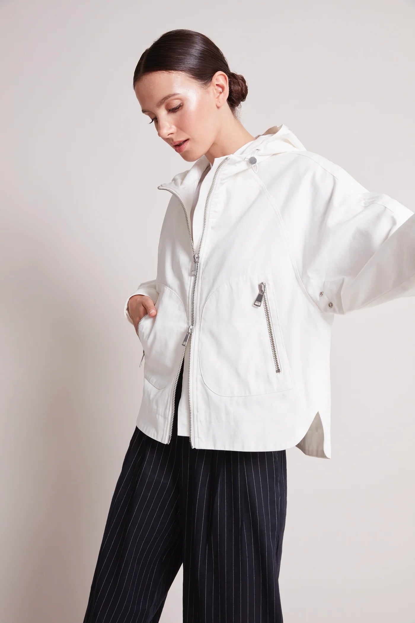 Taika Hooded Raglan Jacket - White by Adroit Atelier — view 3