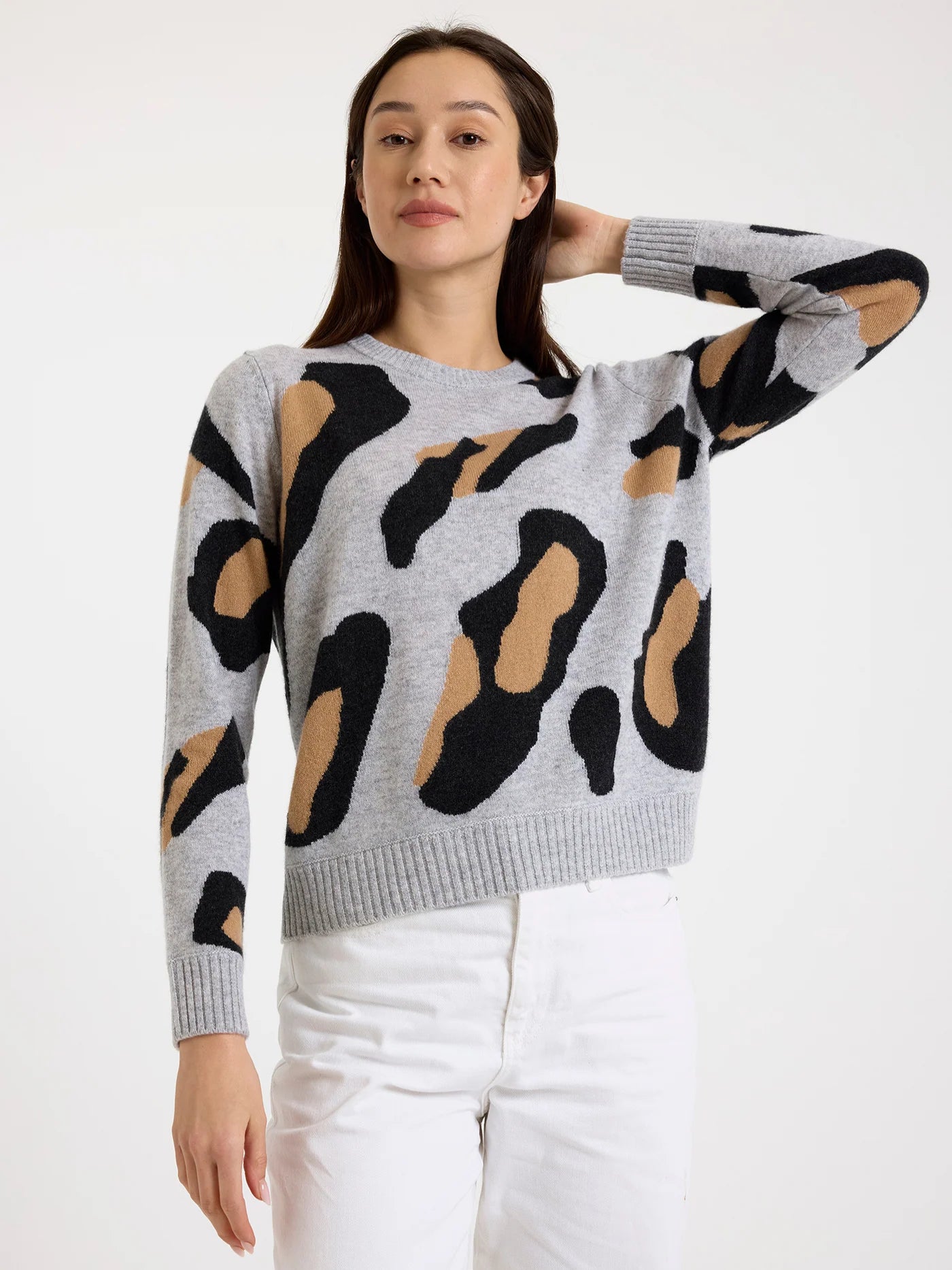 Abstract Leopard Cashmere Crew Neck Jumper - Super Grey by Brodie Cashmere | 25 South Boutiques
