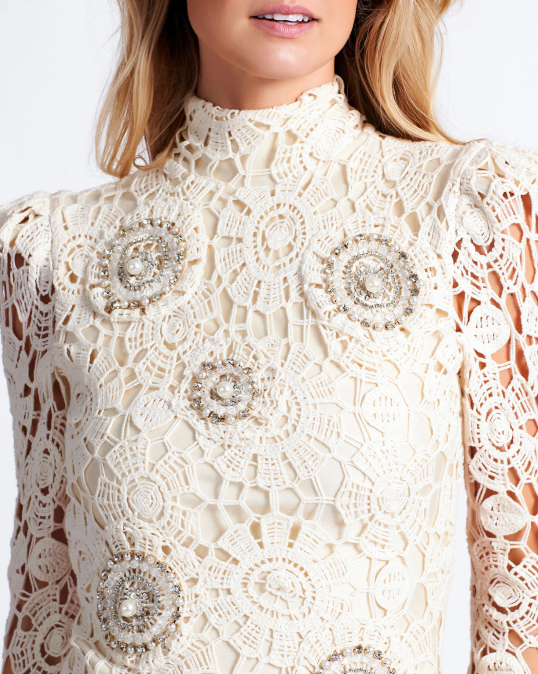 Beaded Crochet Open Back Mini Dress - Wheat by PatBo — view 3