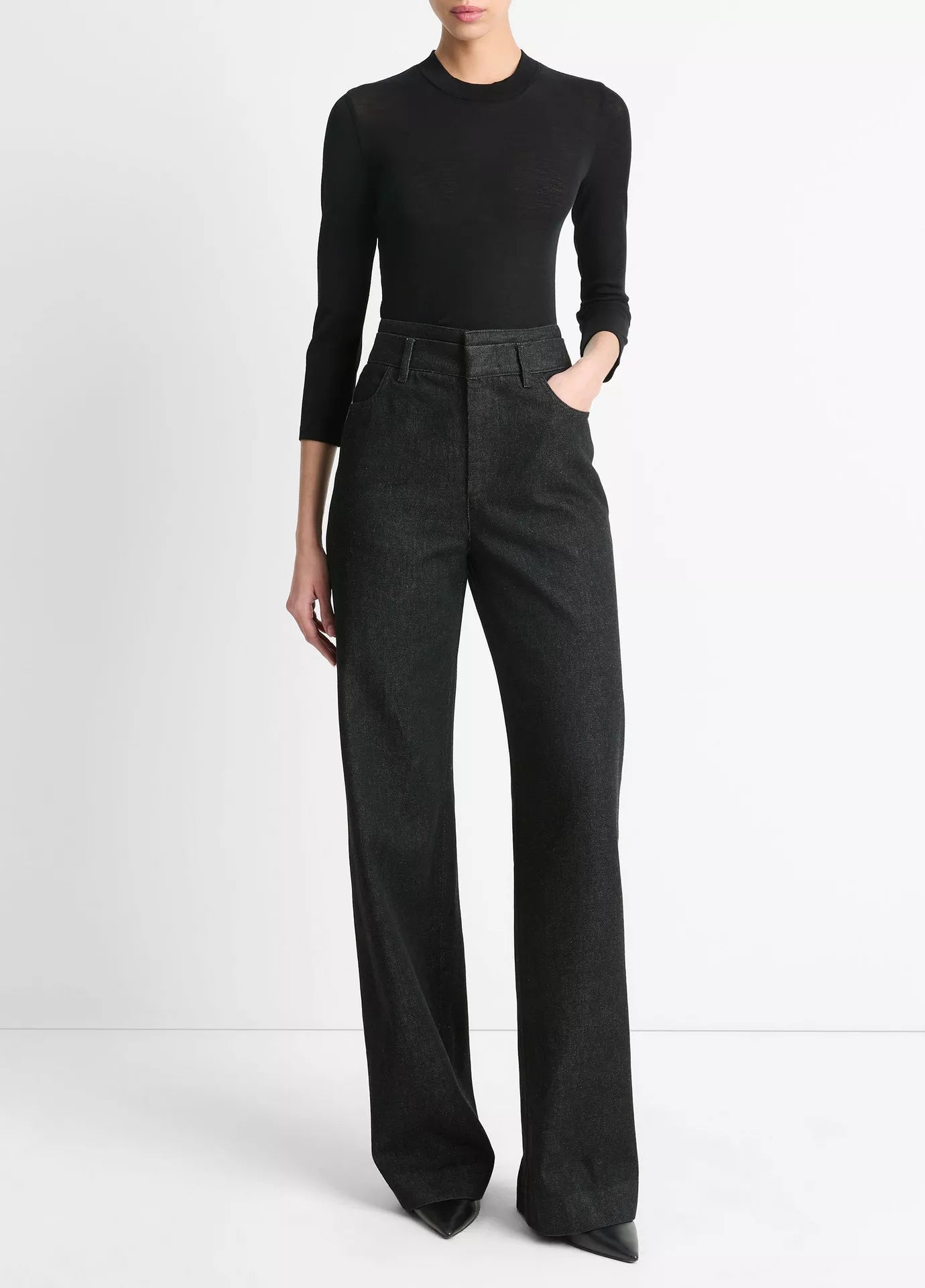 Wool Three-Quarter-Sleeve Mock-Neck Top - Black by Vince — view 4