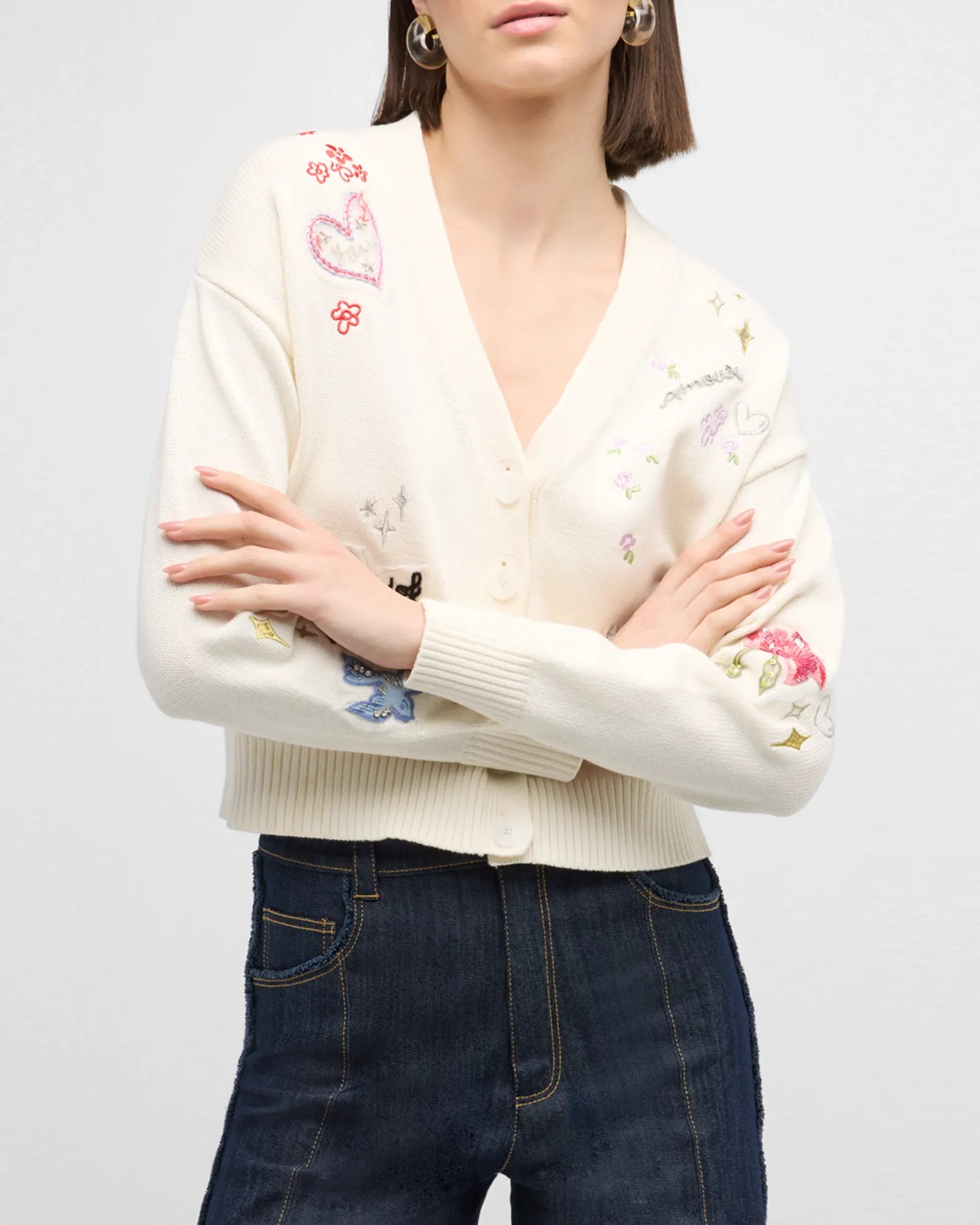 Nyla Daydream Doodles Embroidered Cardigan - Ivory Multi by Cinq A Sept — view 3