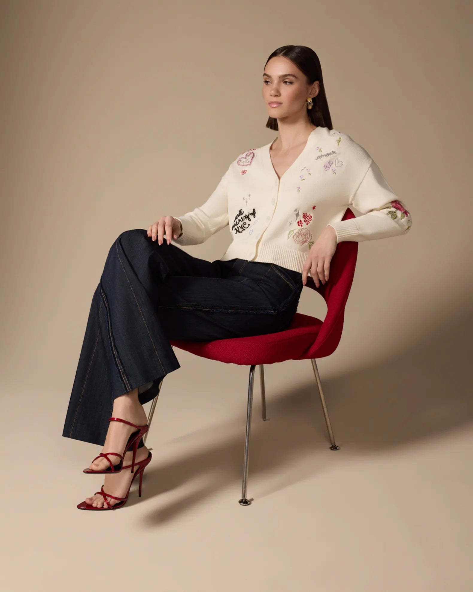 Nyla Daydream Doodles Embroidered Cardigan - Ivory Multi by Cinq A Sept — view 7