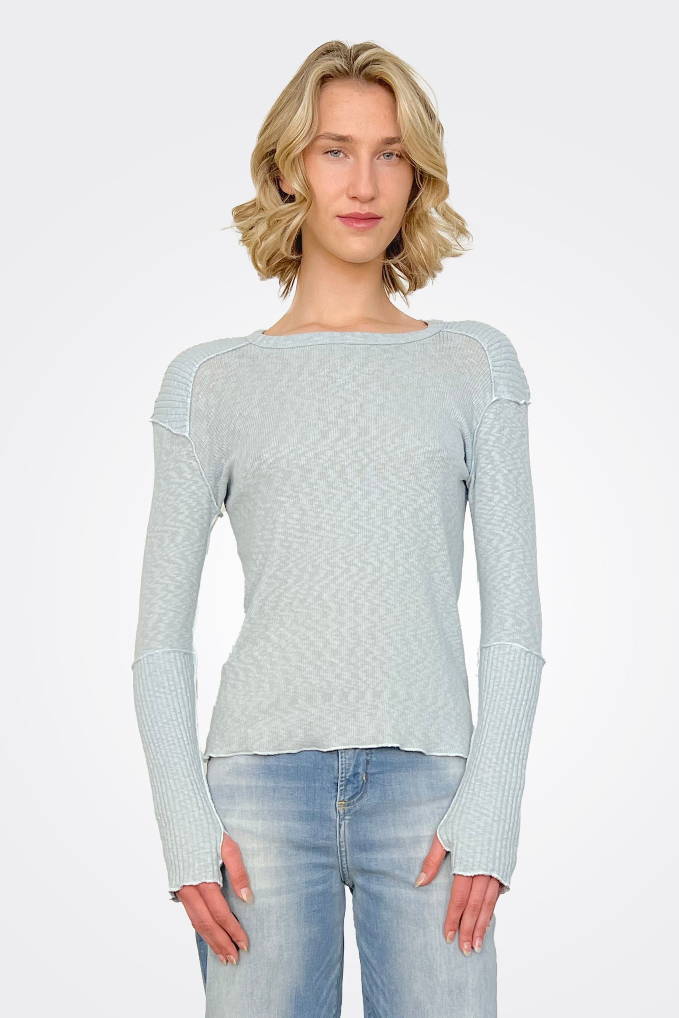 Ribbed Sleeve Long Sleeve Top - Aqua Sky by Pete | 25 South Boutiques
