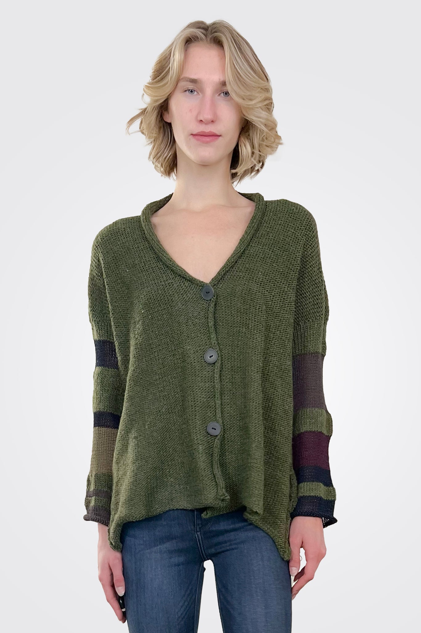 Stripe Sleeve Cardigan - Army by Paper Temples | 25 South Boutiques
