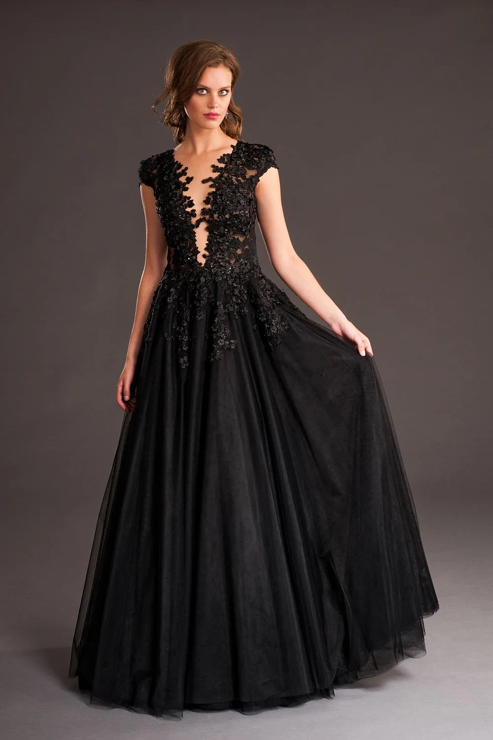 Sleeve Lace Plunging Neckline Gown - Black by Olvi's | 25 South Boutiques