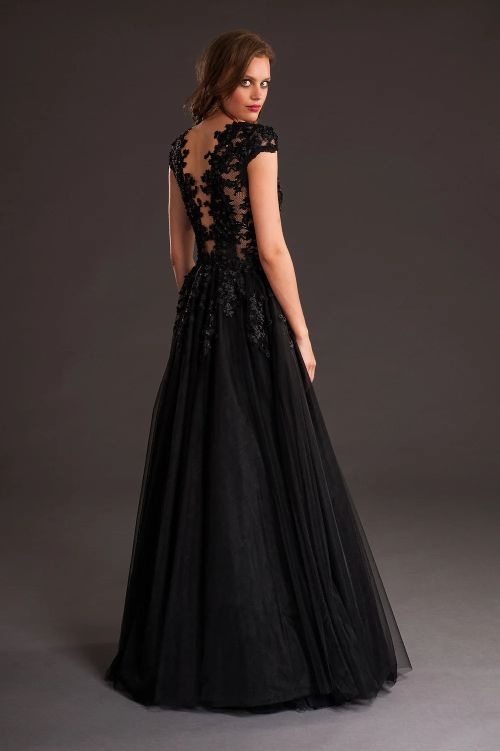 Sleeve Lace Plunging Neckline Gown - Black by Olvi's — alternate view
