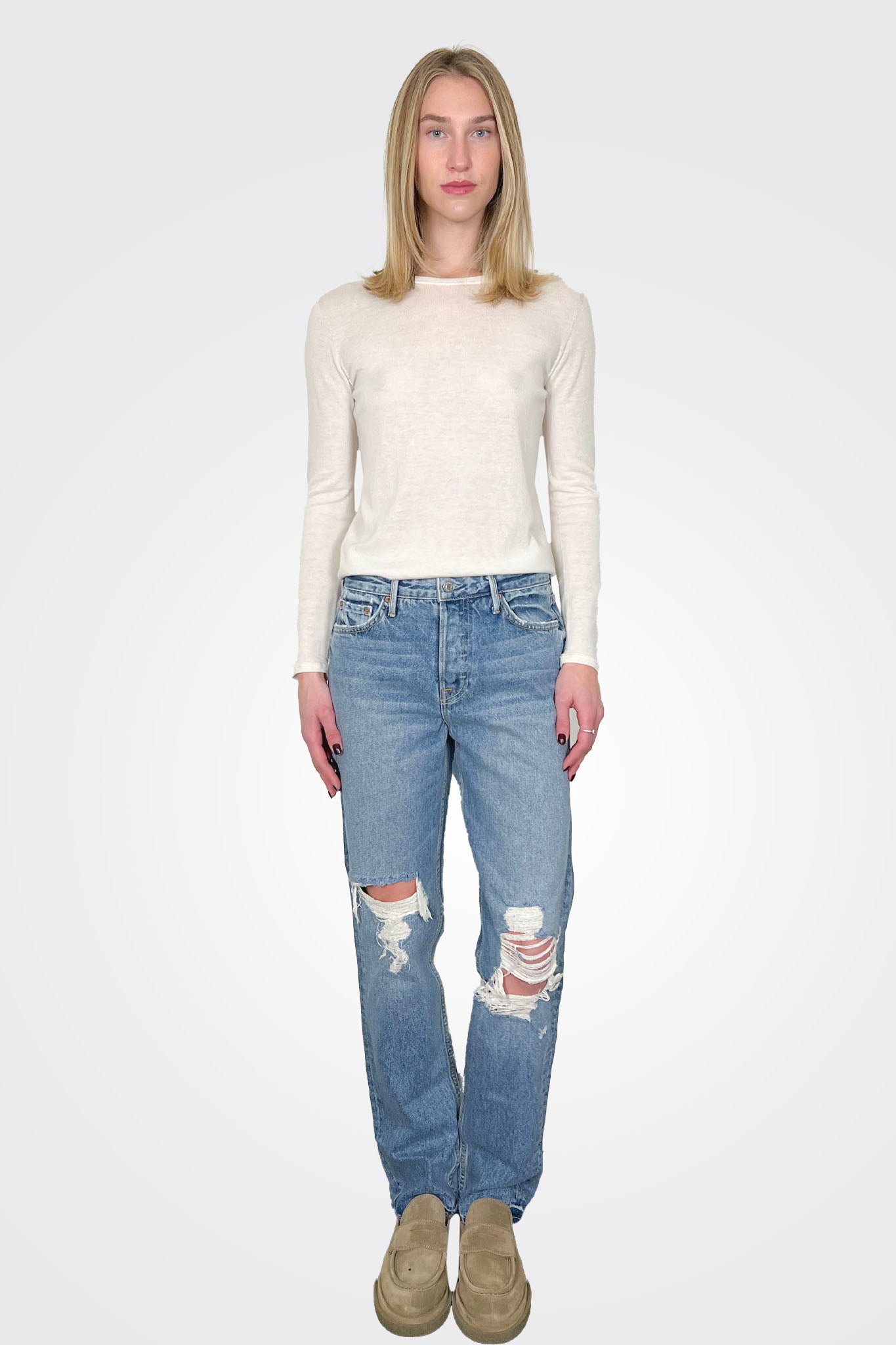 Distressed Straight Leg Jeans - Blue by Grlfrnd | 25 South Boutiques