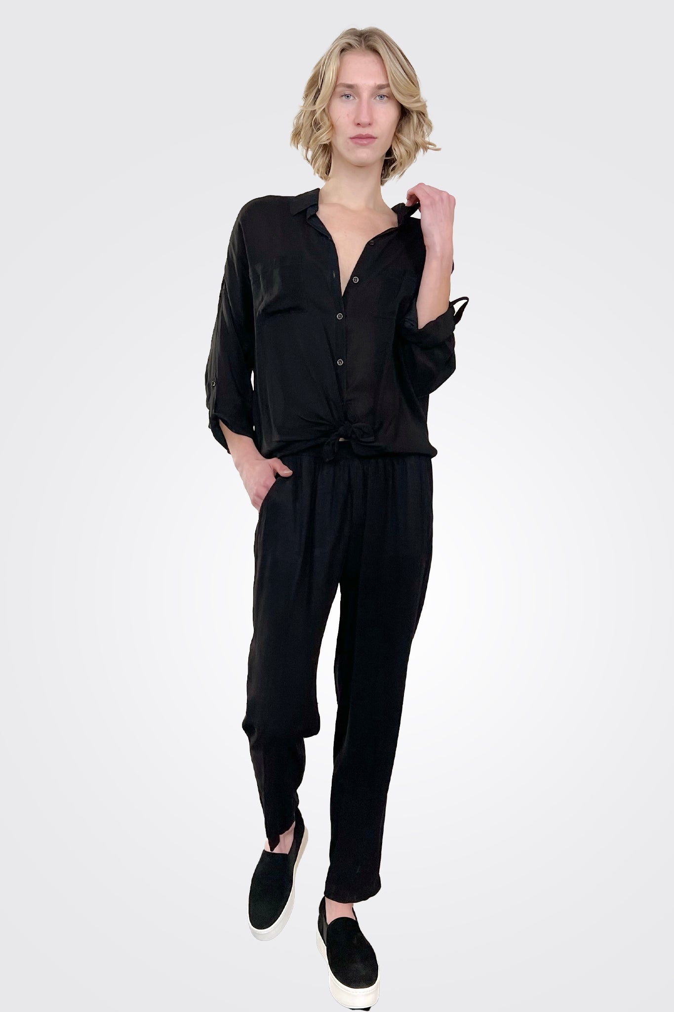 Cargo Pocket Tie Front Top - Black by Maven West — alternate view